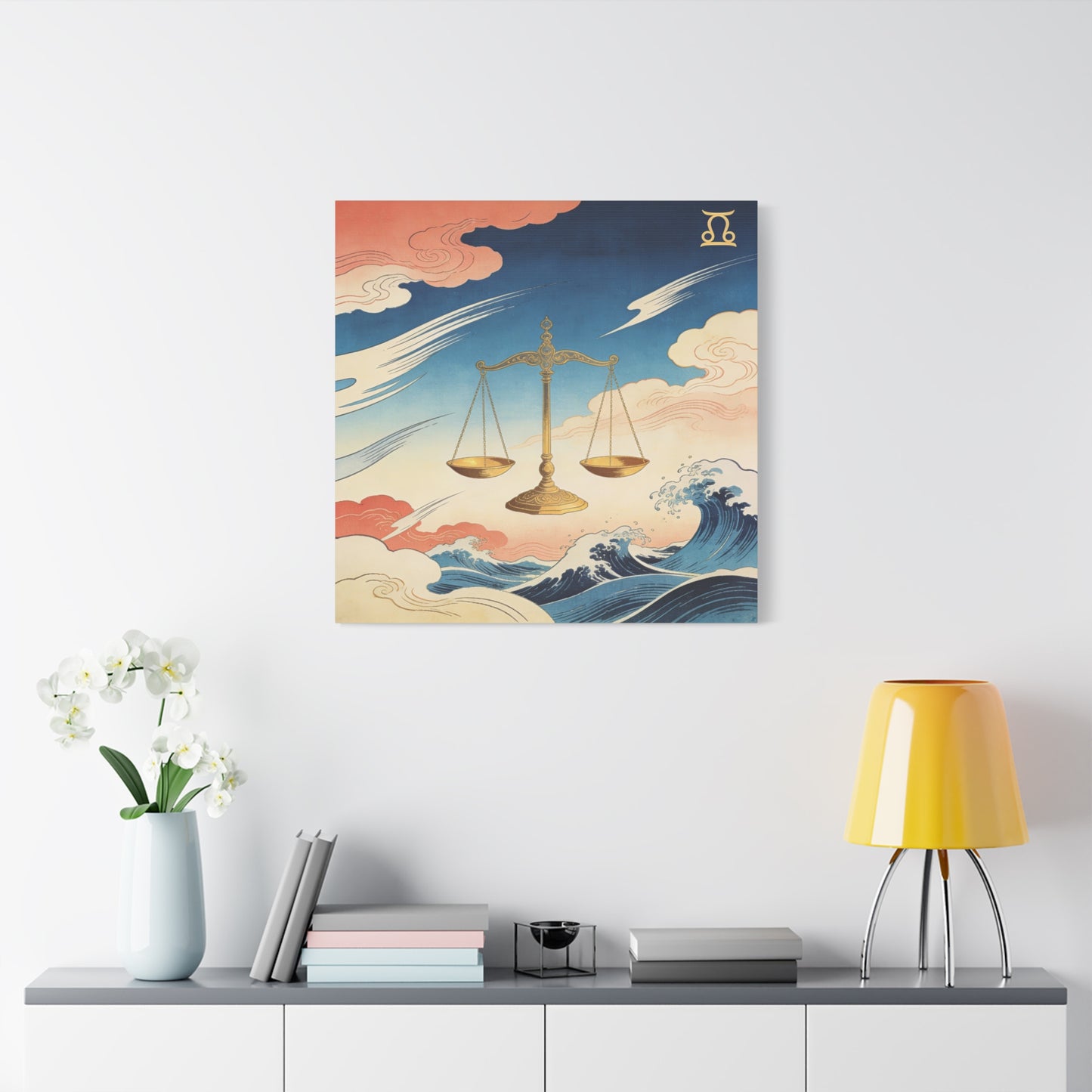 Libra Zodiac Canvas Wall Decor - Vintage Japanese Wave Scales Illustration - Celestial Astrology Print, Gold Balance Symbol, Traditional Style, Bedroom Home Decoration - Living Room Wall Decor