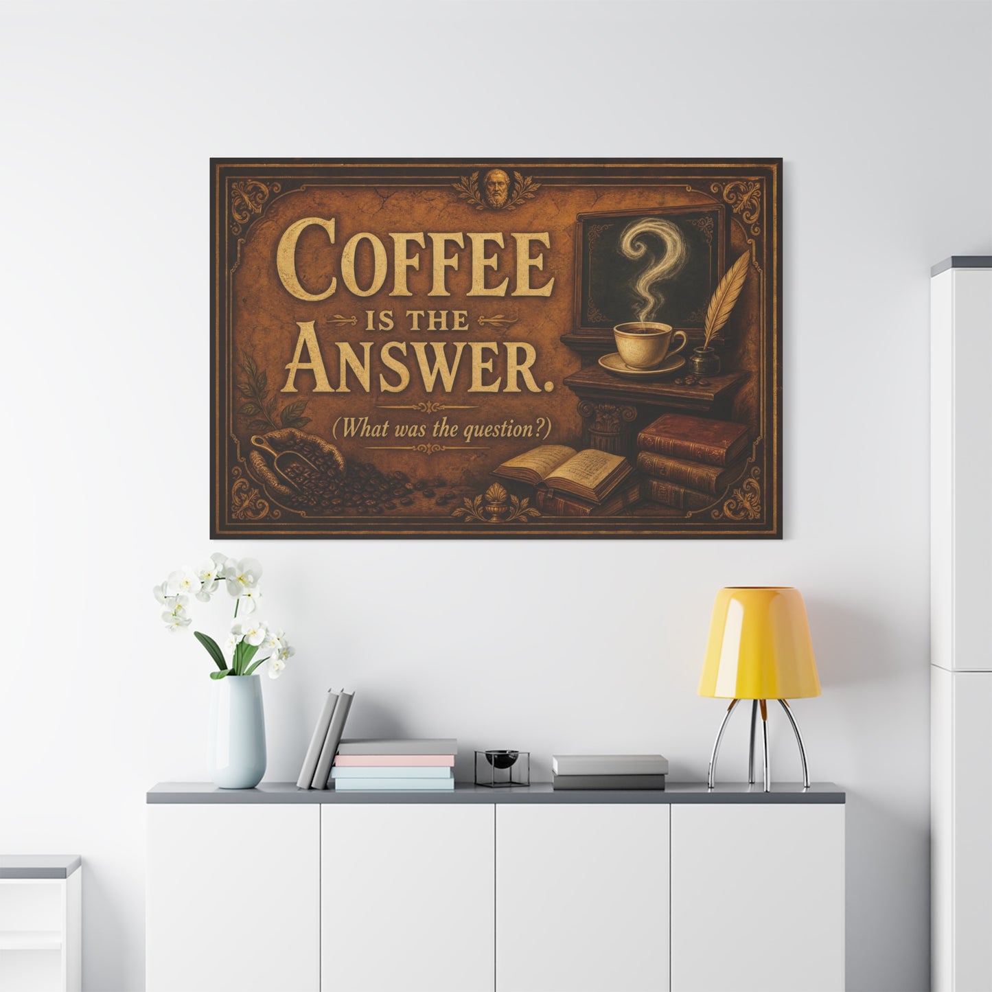 Coffee Is The Answer. What Was The Question Canvas Wall Art - Vintage Coffee Cup, Books, Bean Sack Decor - Rustic Typography Print - Cafe Interior, Study Room Decoration - Cafe Wall Art - Bistro Decor