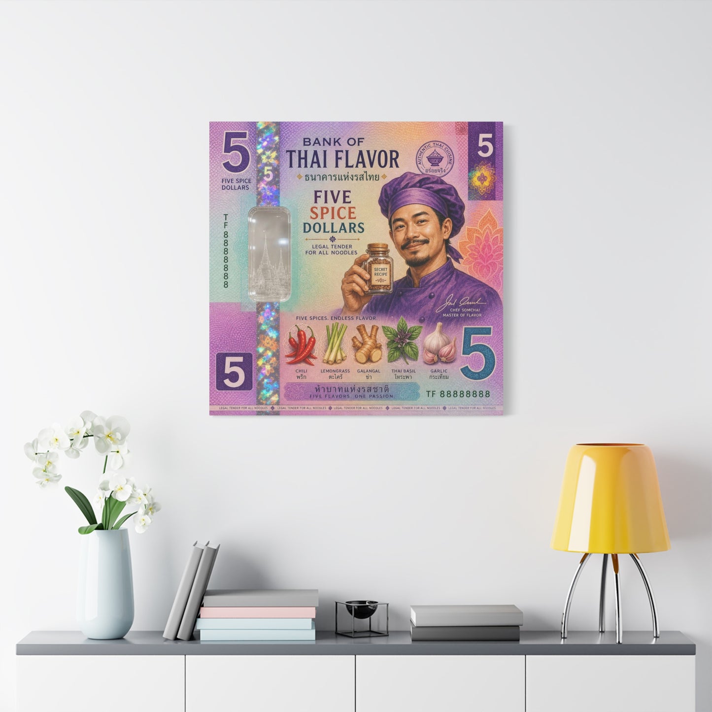 "Bank Of Thai Flavor" Thai Chef Canvas Wall Art - Five Spice Dollars Food Illustration, Colorful Typography Print, Eclectic Kitchen Decor, Cafe Wall Decor, Restaurant Wall Accent - Ready to Hang