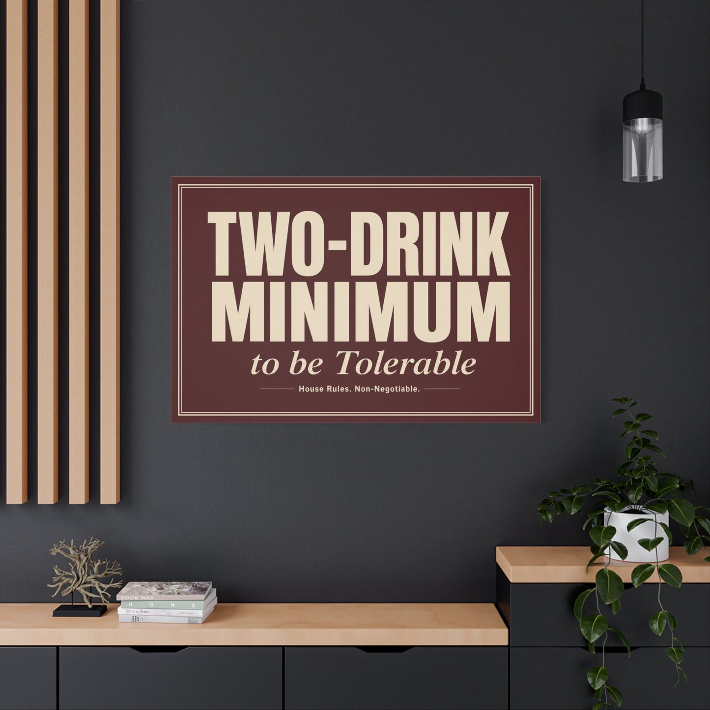"TWO-DRINK MINIMUM to be Tolerable" Funny Typography Canvas Wall Art - Vintage Bar Quote Decor, Retro Humor Sign, Burgundy Cream Wall Hanging - Ready to Hang - Cocktail Lounge Decor - HP Latex Print