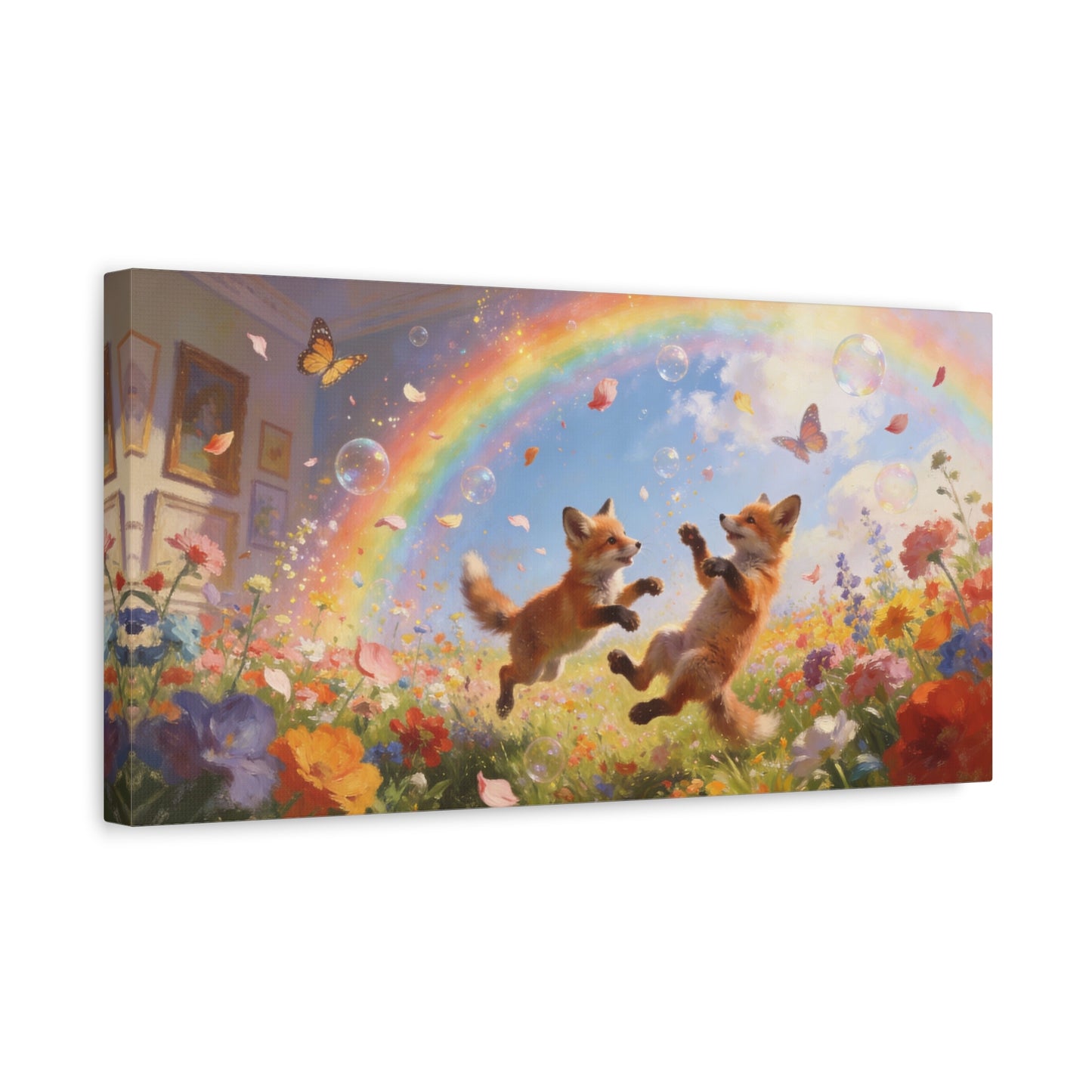Fox Cub Canvas Wall Art - Whimsical Rainbow Meadow Painting, Butterflies And Wildflowers - Matte Canvas Print - Bohemian Nursery Wall Hanging, Bedroom Home Decoration Accent - Bedroom Home Decoration