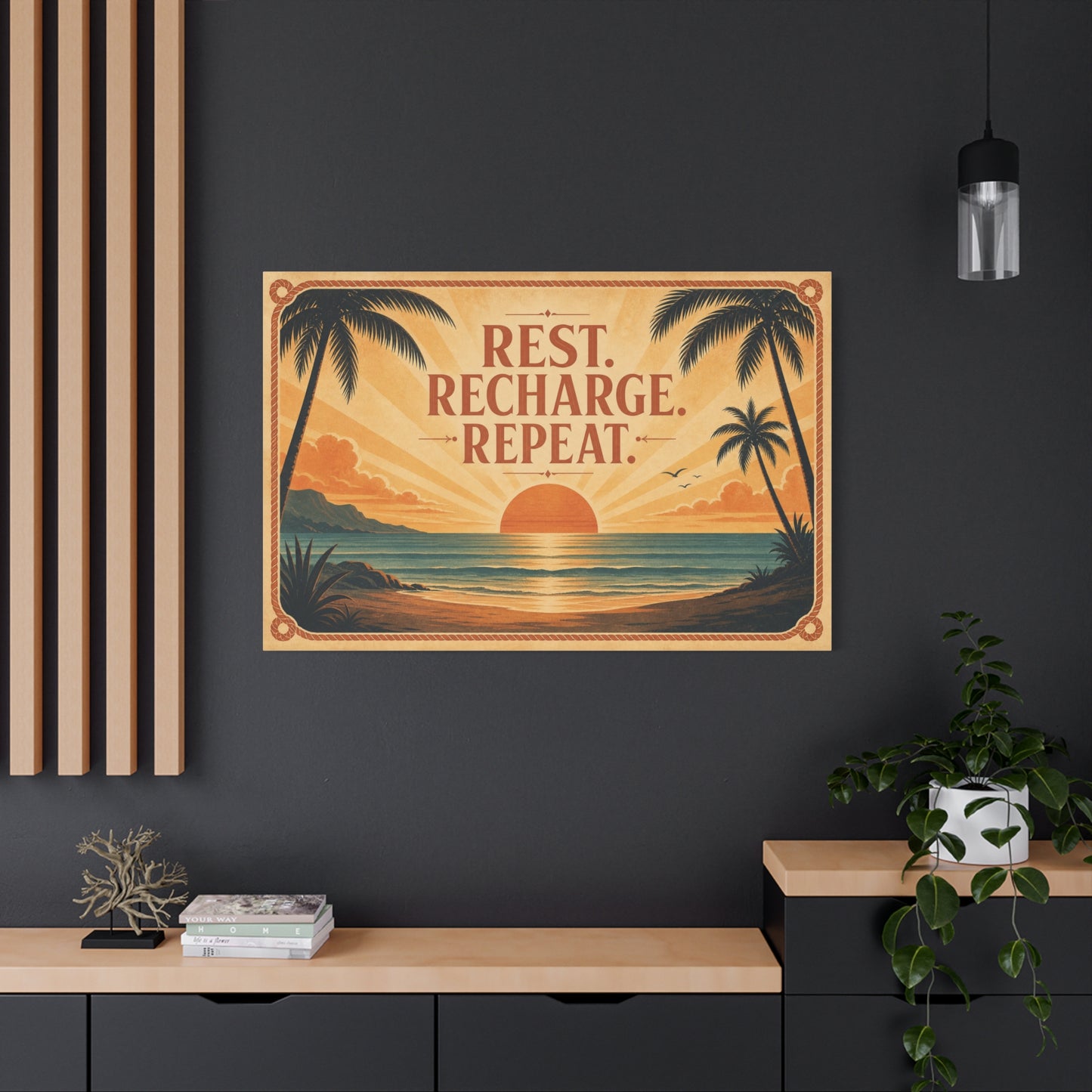"Rest. Recharge. Repeat." Tropical Beach Sunset Canvas Wall Art - Vintage Coastal Typography, Retro Palm Tree Ocean Scene, Living Room Wall Decor, Bedroom Home Decoration - Bedroom Home Decoration