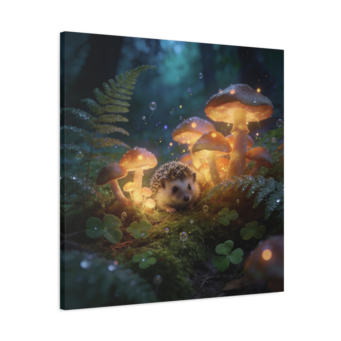 Hedgehog Mushroom Canvas Wall Art - Glowing Forest Fantasy Animal Print - Matte Cotton Art Print, Whimsical Woodland Style - Bedroom Wall Decor, Nursery Home Decoration Accent - Modern Farmhouse Style