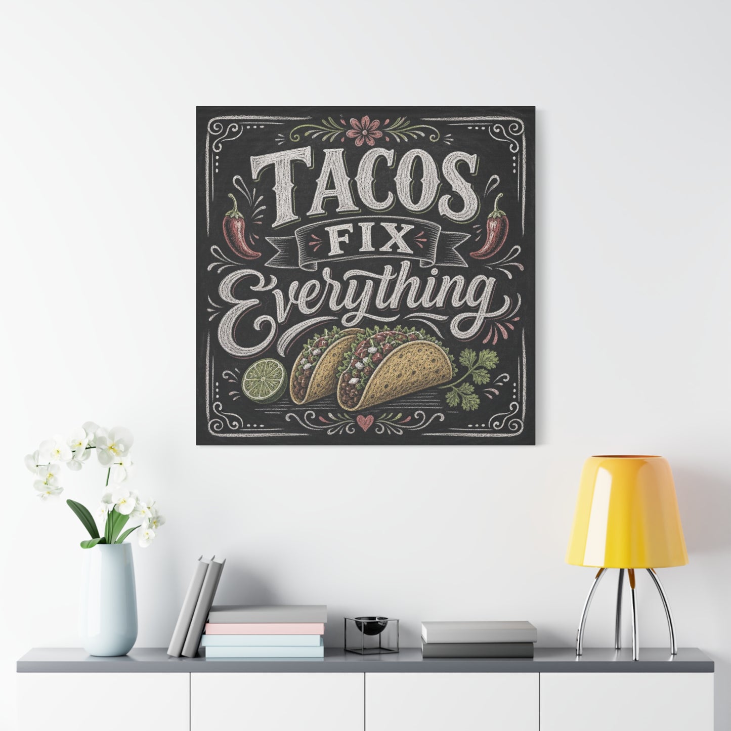 "Tacos Fix Everything" Canvas Wall Art - Chalkboard Taco Kitchen Print, Rustic Typography Decor - Matte Cotton Art Print - Farmhouse Dining Room Accent, Cafe Interior Style - Living Room Wall Decor
