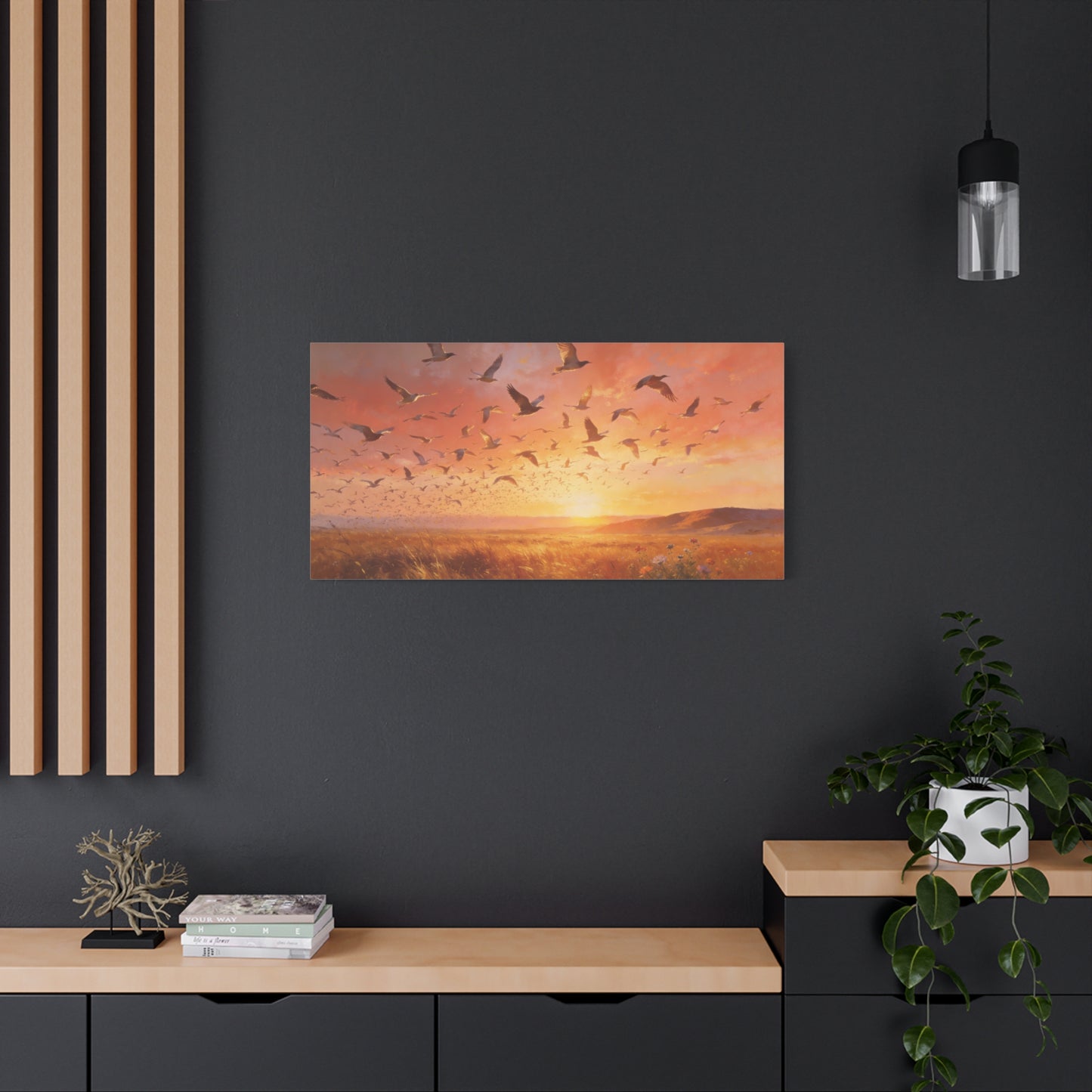Flock Of Seabirds Canvas Wall Art - Sunset Meadow Landscape Print, Warm Golden Sky, Painterly Nature Scene - Contemporary Style - Living Room Wall Decor Bedroom Decoration - Bedroom Home Decoration