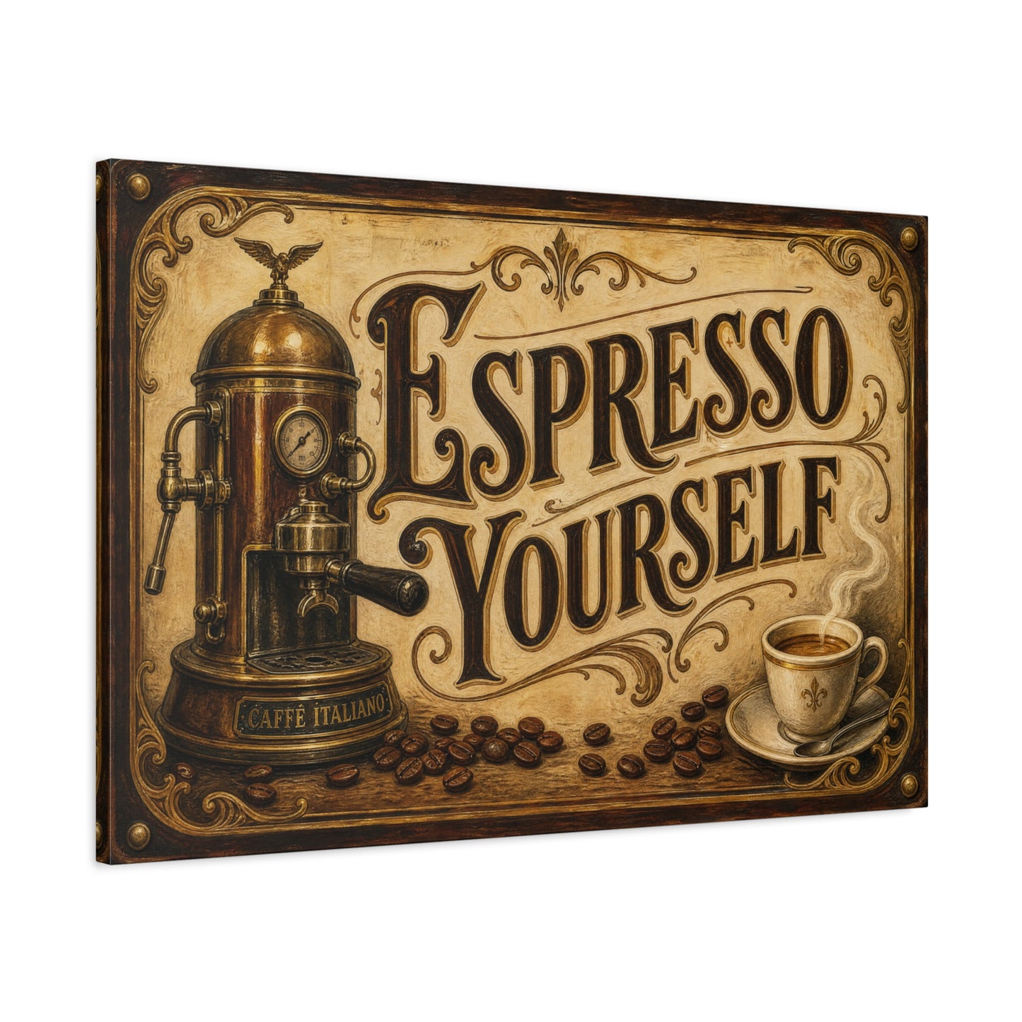 "Espresso Yourself" Coffee Canvas Wall Art - Vintage Espresso Machine, Cafe Decor - Matte Cotton Print, Rustic Farmhouse Style - Ready to Hang - Coffee Shop Decor - Cafe Wall Art - Matte Finish Print