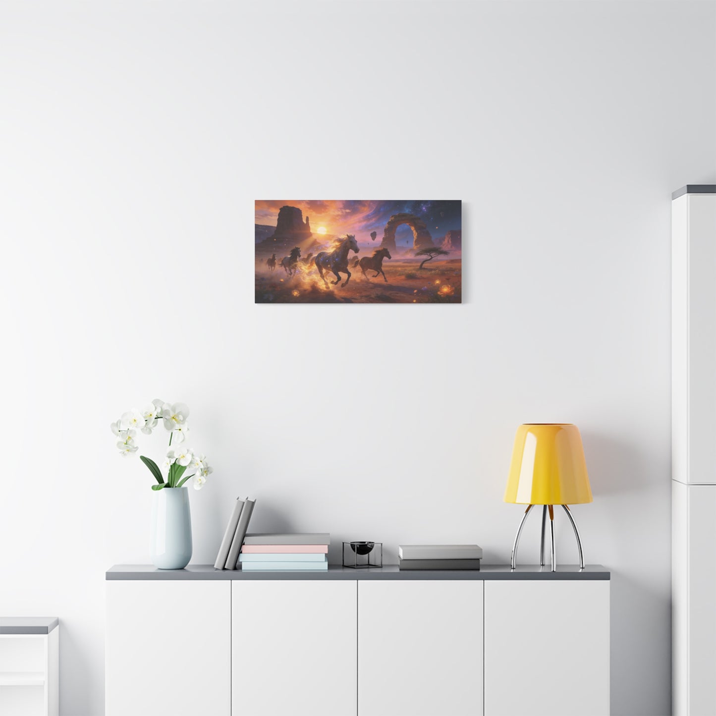 Celestial Wild Horses Canvas Wall Art - Fantasy Desert Arch Sunset, Glowing Galaxy Sky - Matte Cotton Print - Contemporary Landscape Style - Living Room Wall Decor - Bedroom Home Decoration