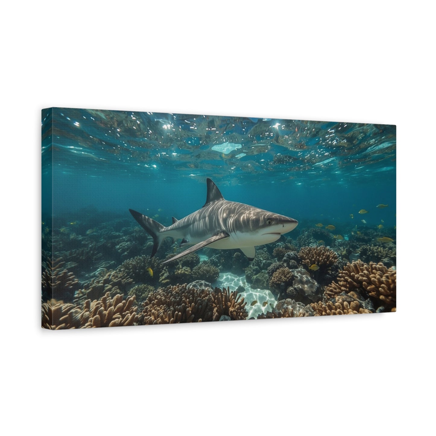 Tiger Shark Canvas Wall Art - Underwater Coral Reef Ocean Art Print, Blue Coastal Wall Decor - Matte Canvas Seascape - Living Room Home Decoration, Office Art - Bedroom Home Decoration