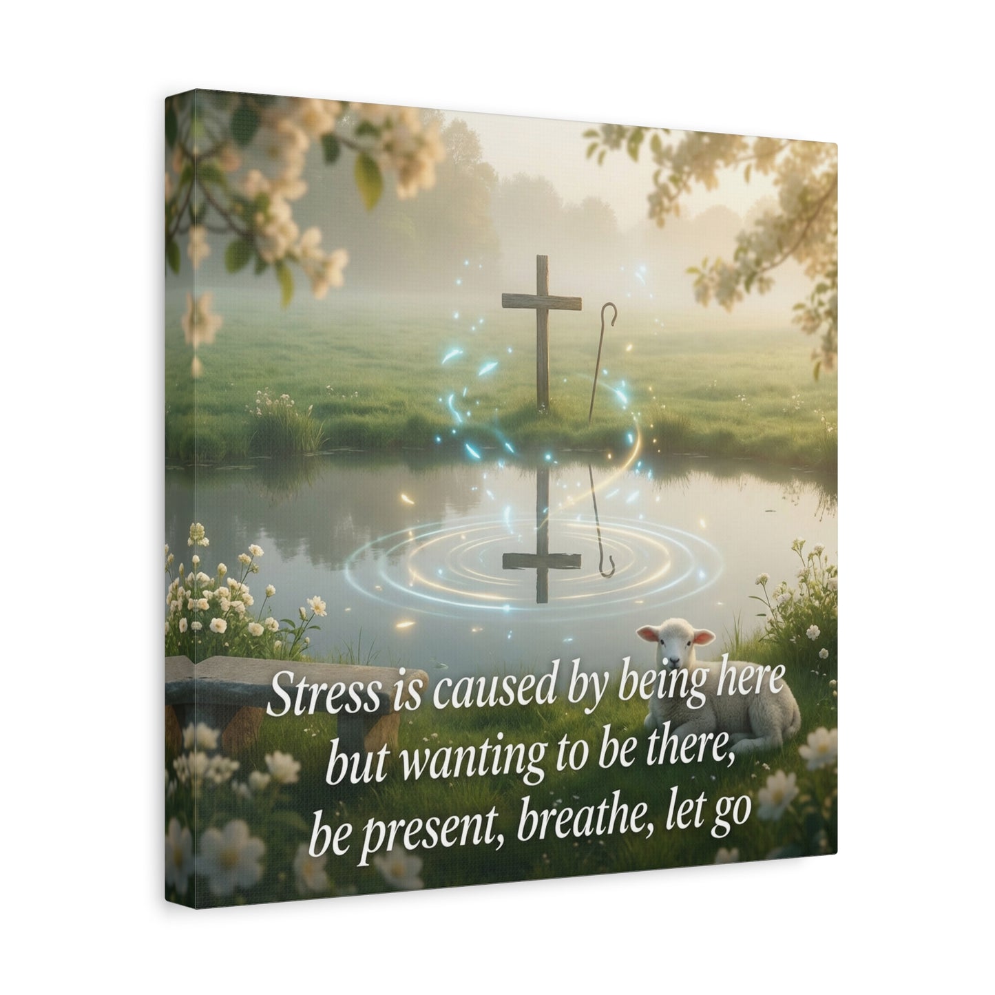"Stress is caused by being here but wanting to be there, be present, breathe, let go" Cross Canvas Wall Art - Christian Inspirational Pond Scene - Traditional Style - Bedroom Wall Decor