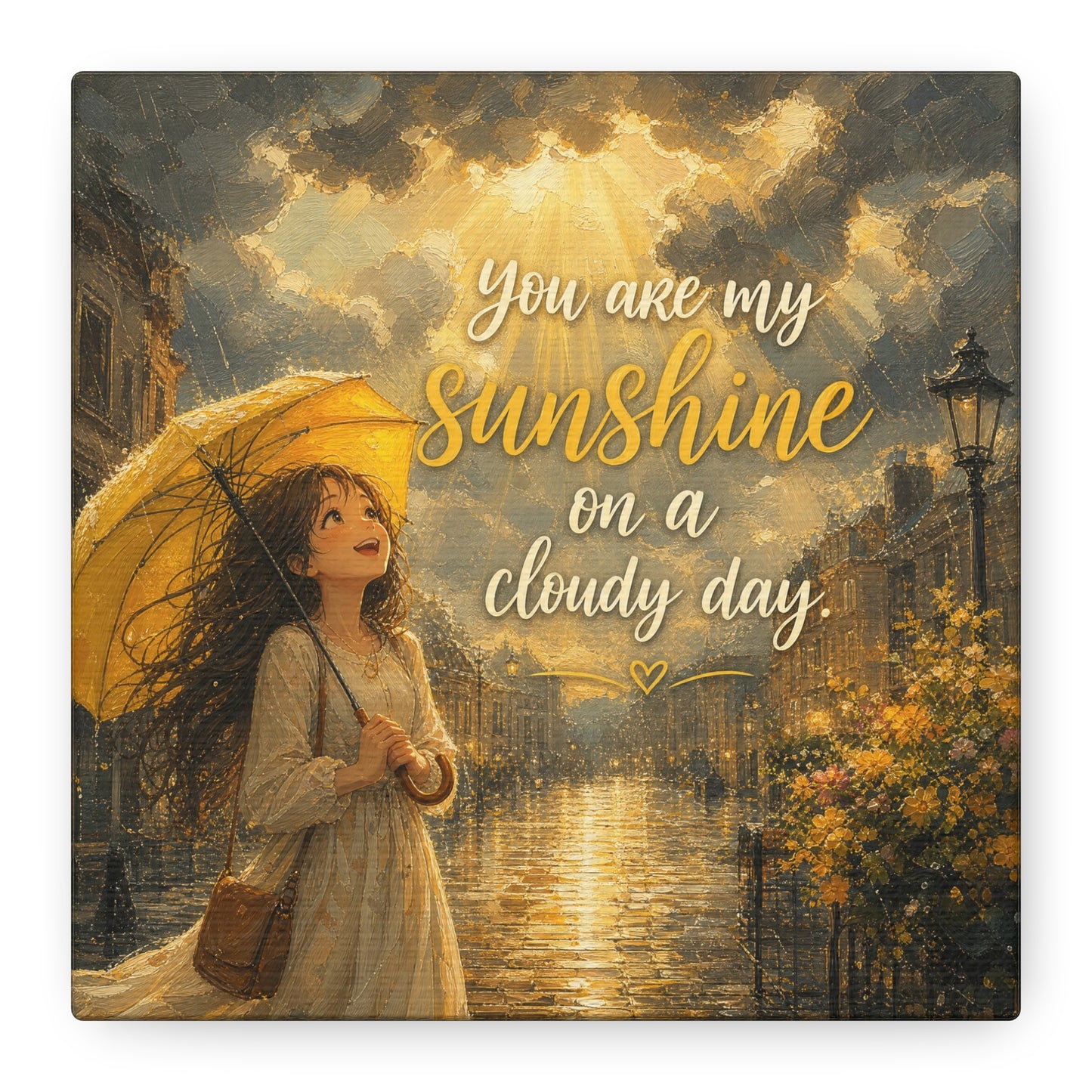 "You Are My Sunshine On A Cloudy Day" Canvas Wall Art - Girl With Yellow Umbrella Quote Print - Golden Rainy Street Painting, Inspirational Decor - Bedroom Home Decoration - Living Room Wall Decor