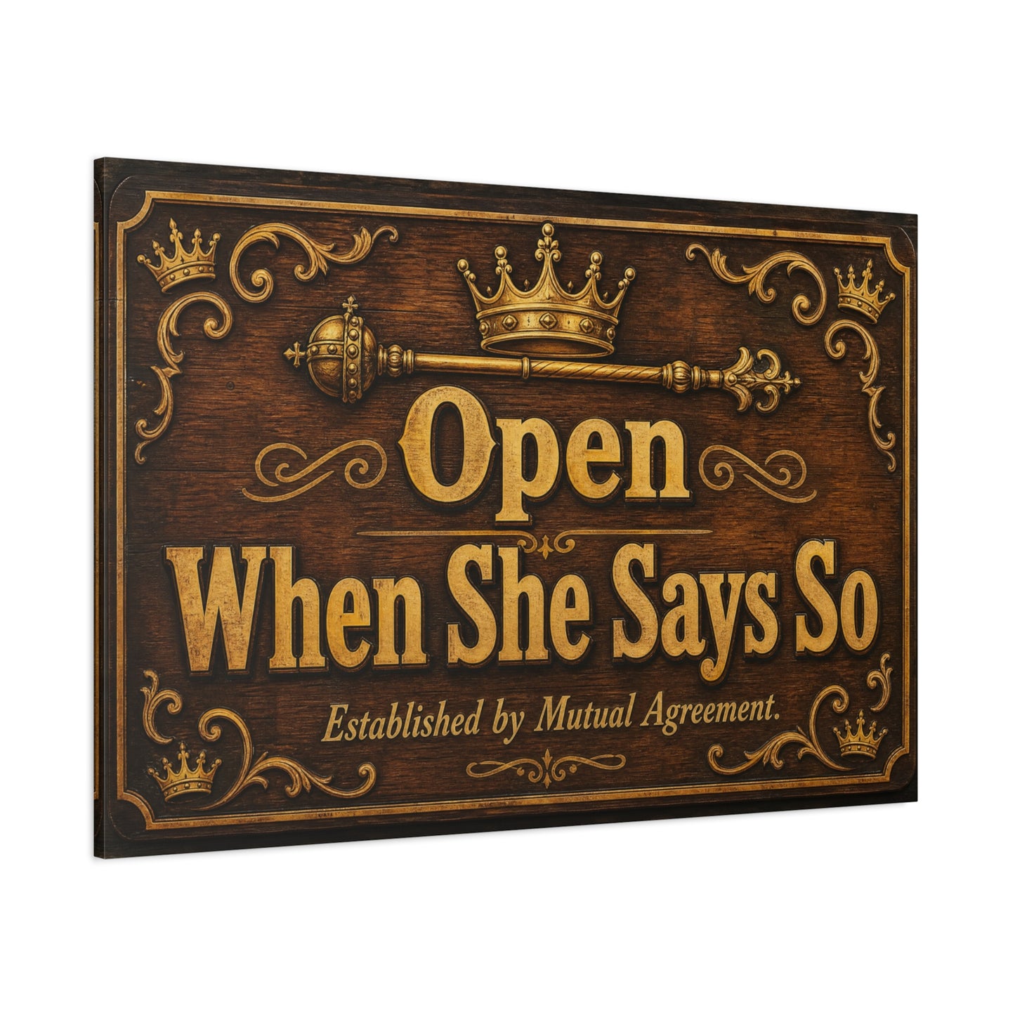 "Open When She Says So" Canvas Wall Art - Vintage Crown Scepter Typography Sign - Rustic Brown Gold Humor Decor - Man Cave Living Room Wall Decor - Bedroom Home Decoration - Bedroom Home Decoration