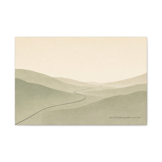 "Not All Who Wander Are Lost" Minimalist Landscape Canvas Wall Art - Misty Hills, Winding Path, Neutral Sage Beige Tones - Modern Wall Decor For Bedroom, Living Room, Home Office - Ready to Hang