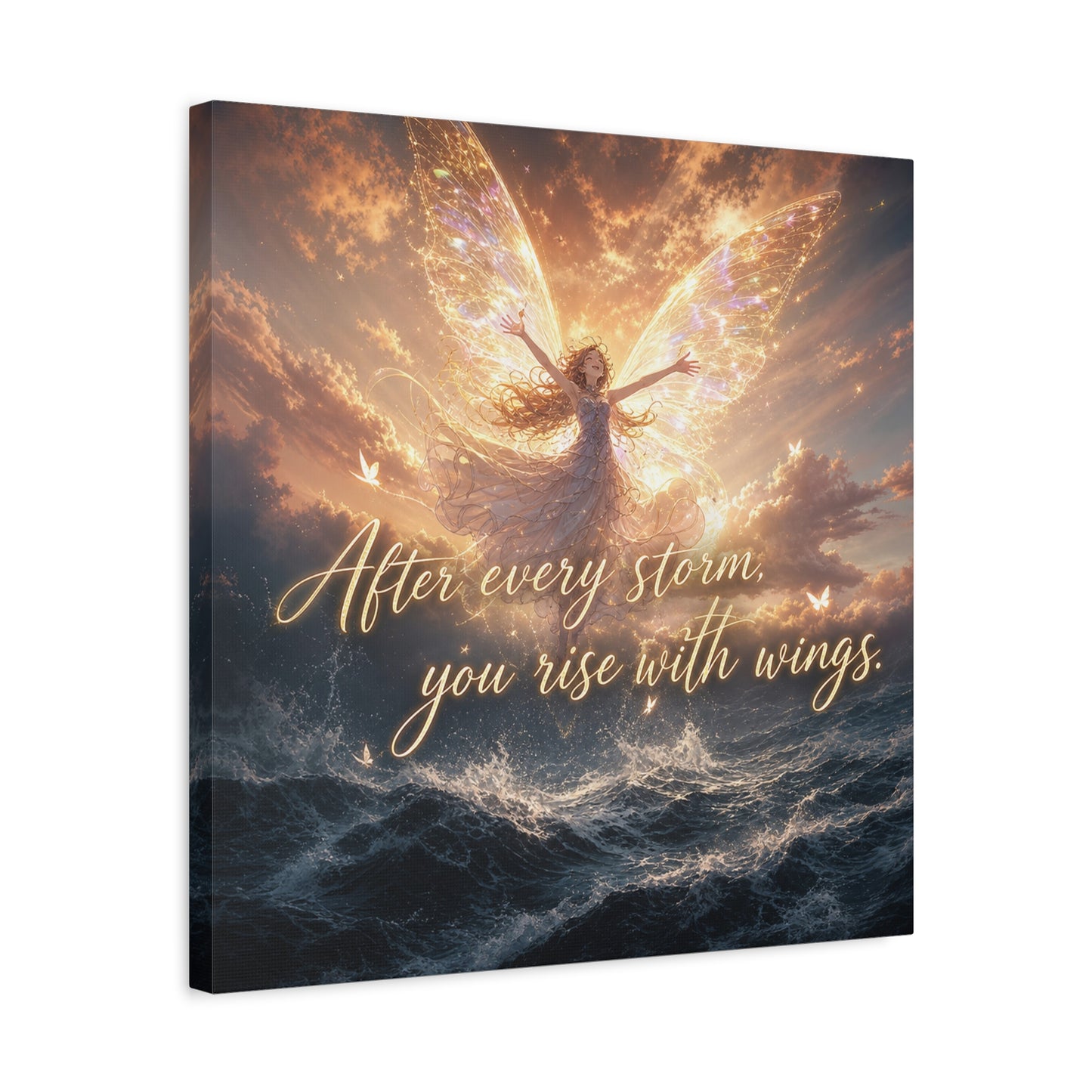 "After Every Storm, You Rise With Wings." Fairy Canvas Wall Art - Inspirational Ocean Sky Quote Print - Golden Ethereal Fantasy Decor - Bedroom Wall Hanging, Living Room Accent - Ready to Hang