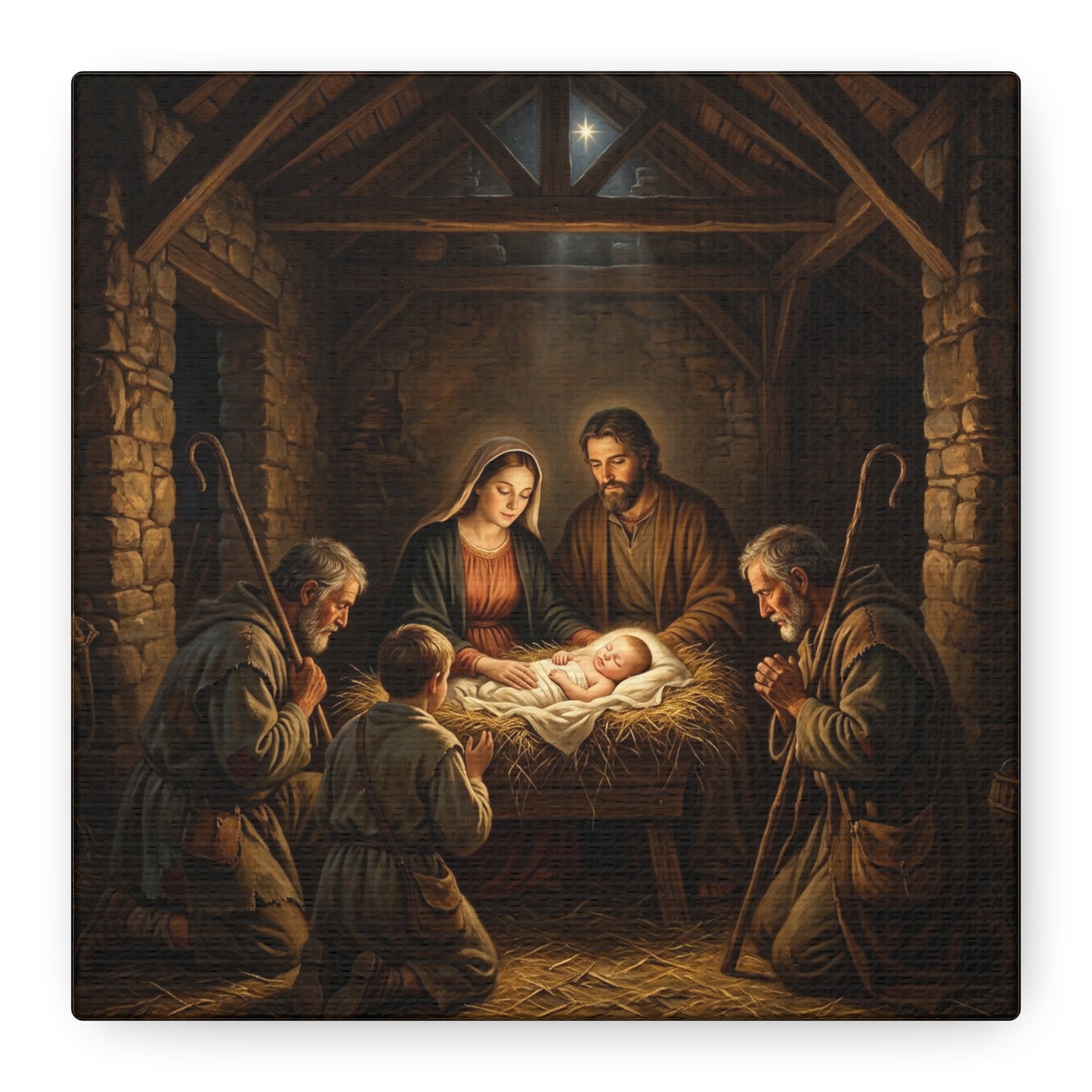 Nativity Scene Canvas Wall Art - Baby Jesus, Virgin Mary, Saint Joseph In Bethlehem Stable - Matte Cotton Print For Living Room Bedroom - Living Room Wall Decor - Bedroom Home Decoration
