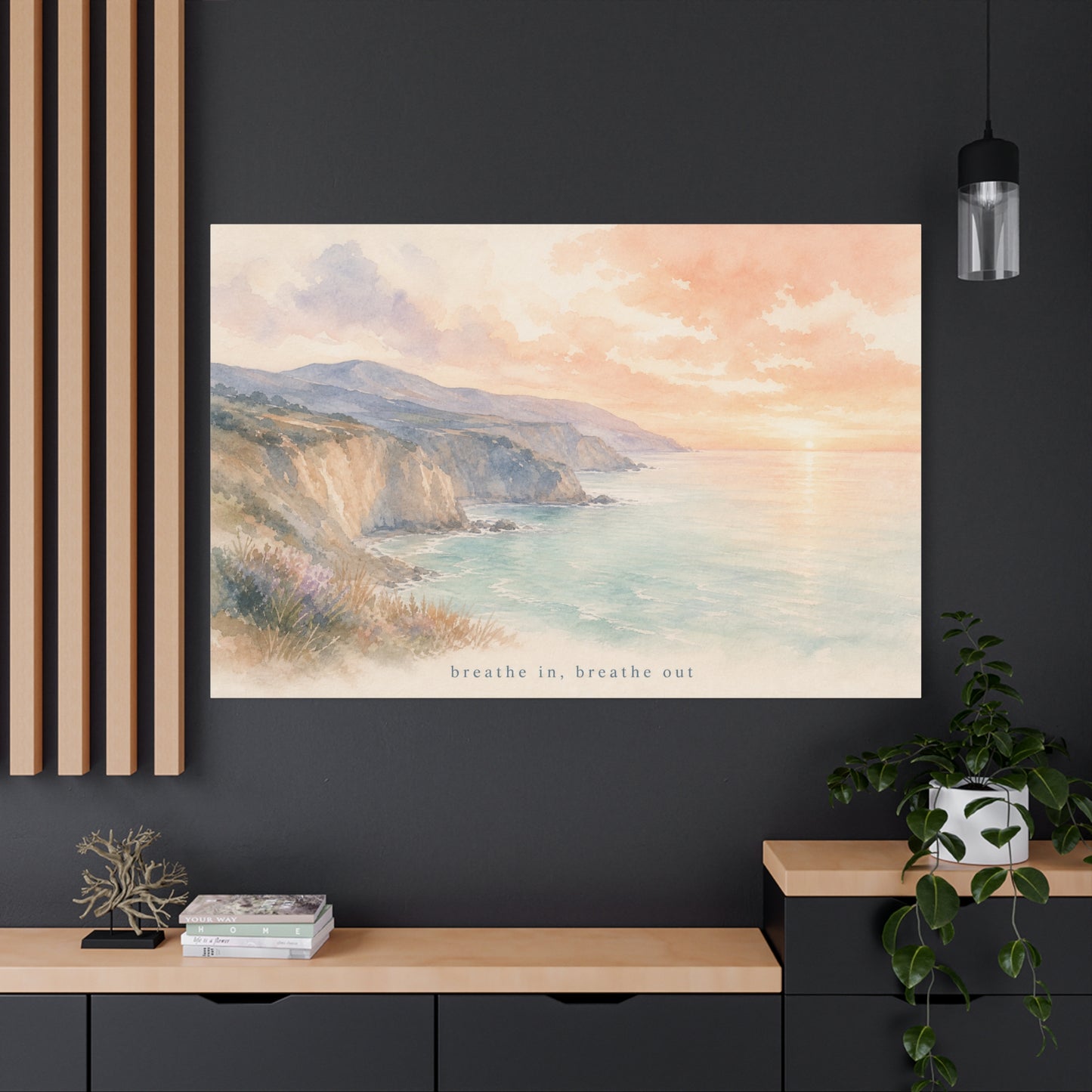 "Breathe In, Breathe Out" Coastal Sunset Canvas Wall Art - Watercolor Cliff Seascape, Jellyfish Room Decor, Serene Beach Landscape Print - Bedroom Home Decoration, Meditation Space - Office Wall Art
