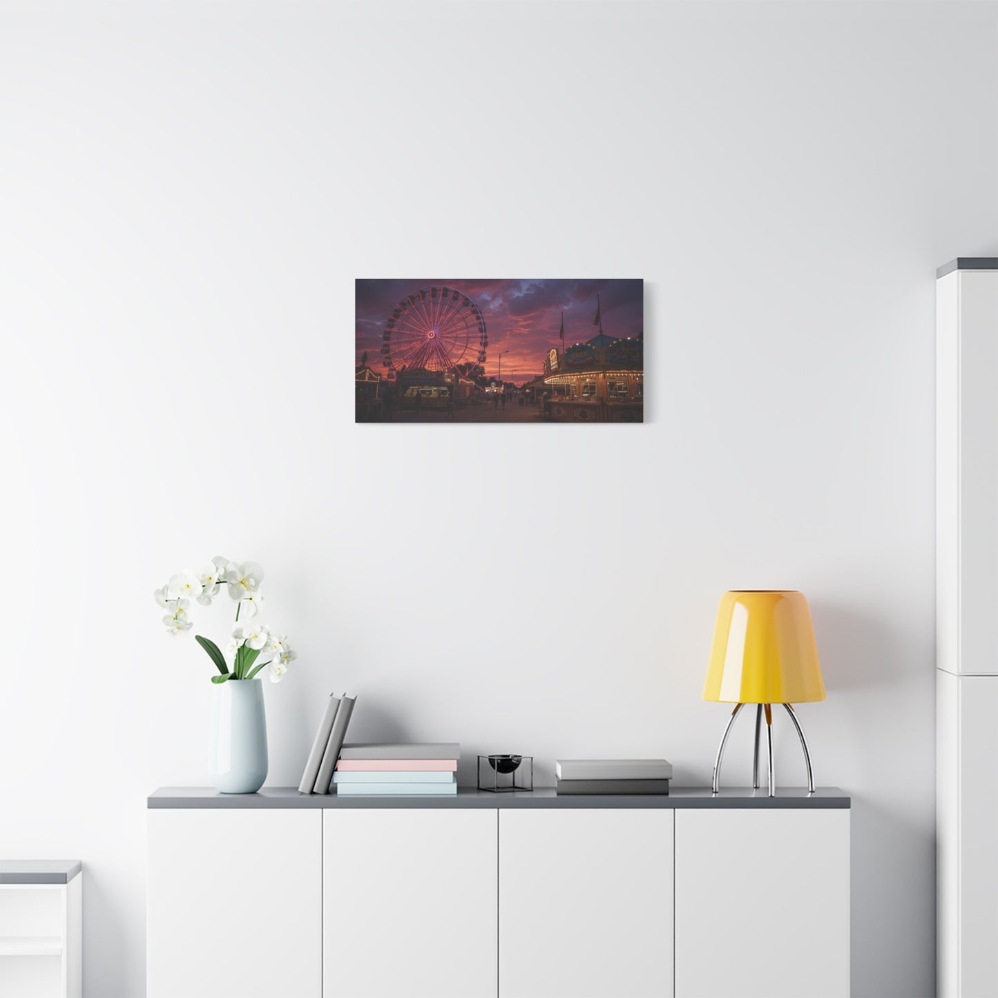 Ferris Wheel Sunset Canvas Wall Art - Carnival Boardwalk Art Print, Purple Pink Sky, Contemporary Nightscape - Living Room Wall Decor, Bedroom Home Decoration, Office Art - Ready to Hang