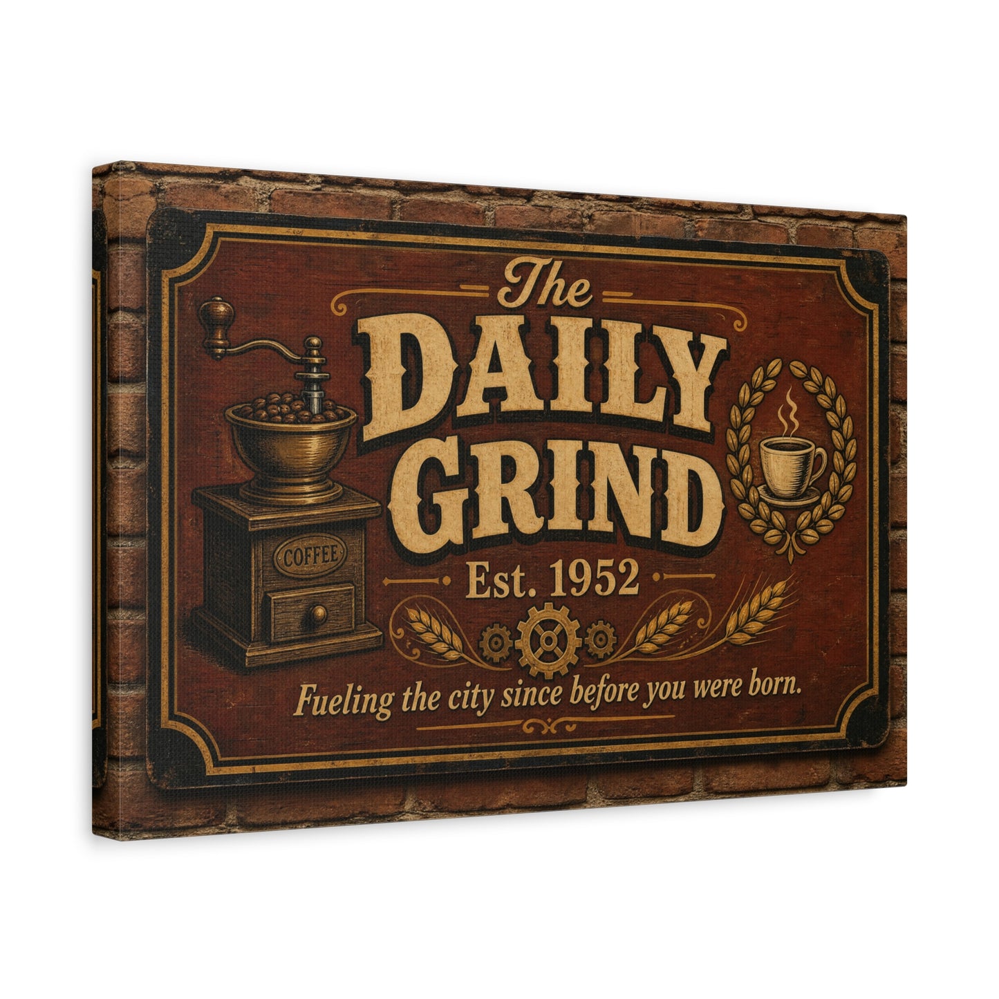 "The Daily Grind" Coffee Canvas Wall Art - Vintage Cafe Sign, Rustic Brown Typography Print, Farmhouse Decor, Coffee Bar Wall Hanging - Bistro Decor - Espresso Bar Sign - Gallery Wrapped Canvas