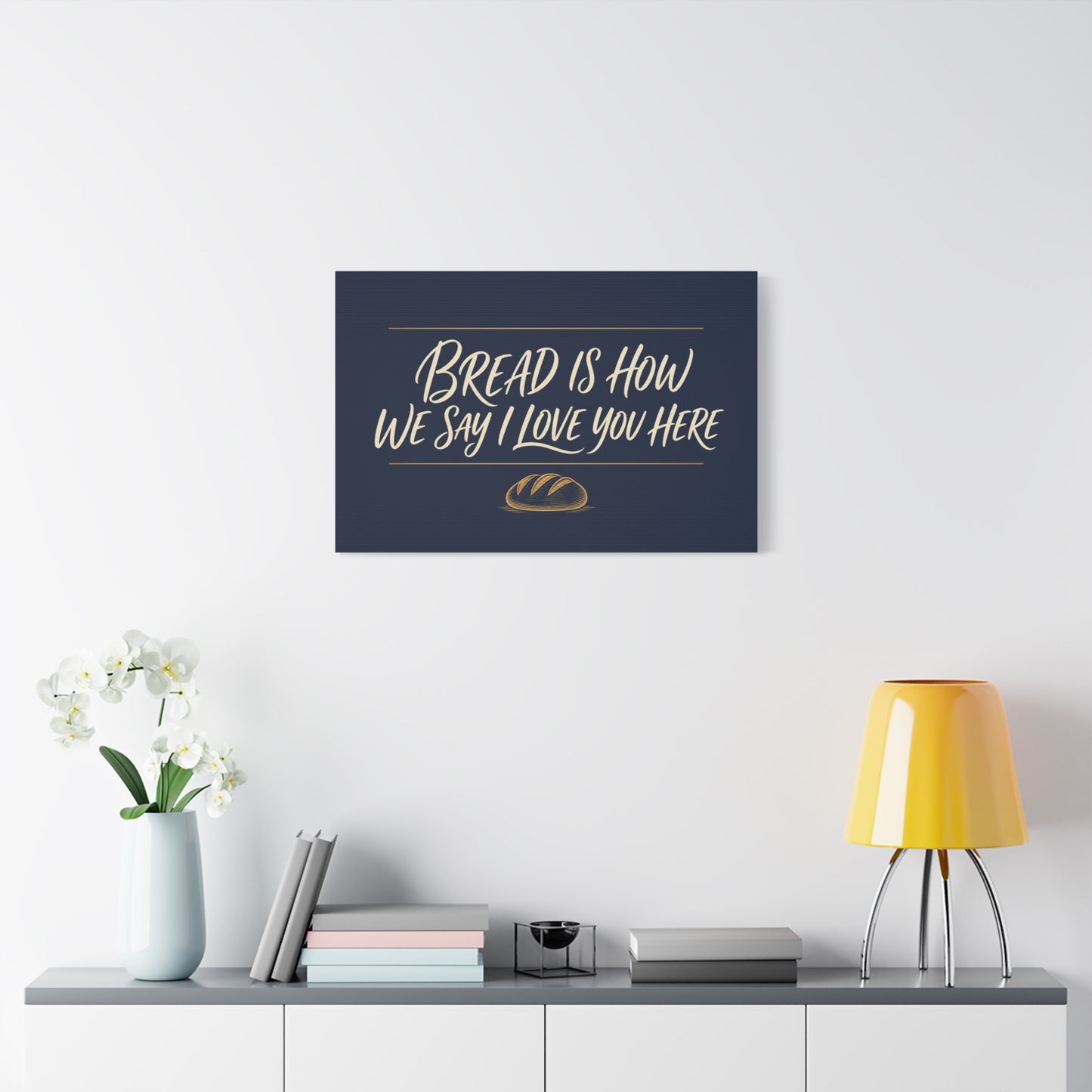 "Bread Is How We Say I Love You Here" Canvas Wall Art - Bread Quote Decor, Navy And Gold Typography Print, Farmhouse Decoration, Bakery Wall Hanging Accent - Modern Farmhouse Style - Diner Decor