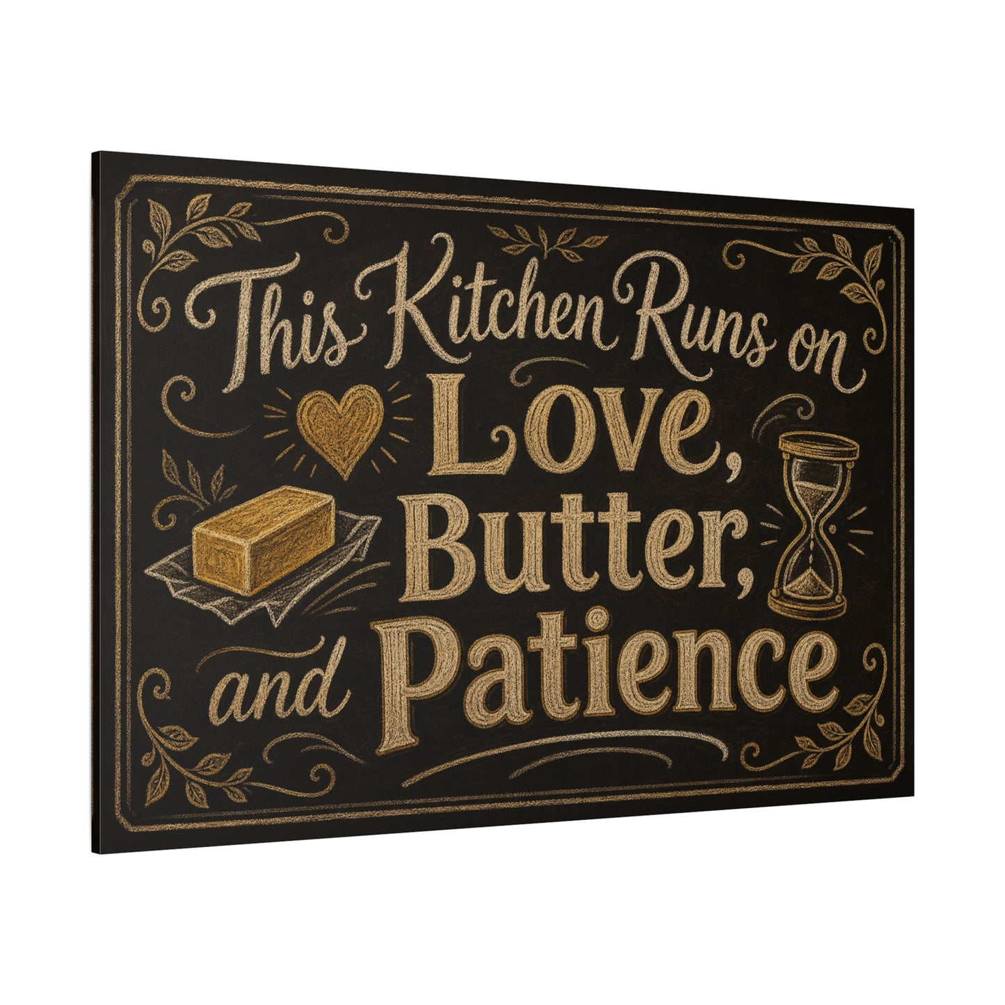 "This Kitchen Runs On Love, Butter, And Patience" Canvas Wall Art - Rustic Typography Kitchen Decor - Chalkboard Style Cotton Print - Ready to Hang