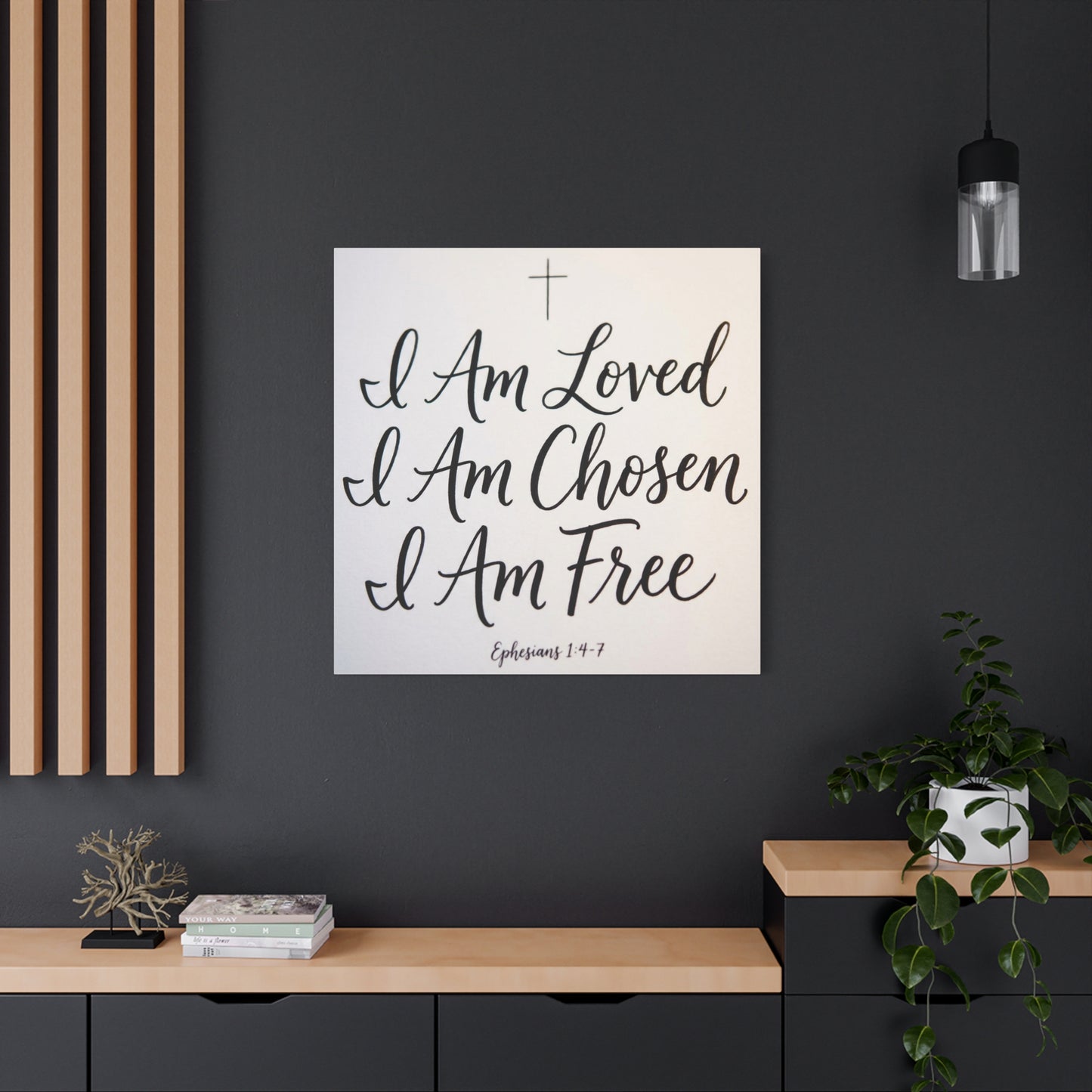 "I Am Loved, Chosen, Free" Christian Canvas Wall Art - Ephesians 1:4-7 Scripture Cross Print - Neutral Typography Decor - Bedroom Home Decoration, Living Room Wall Decor - Ready to Hang