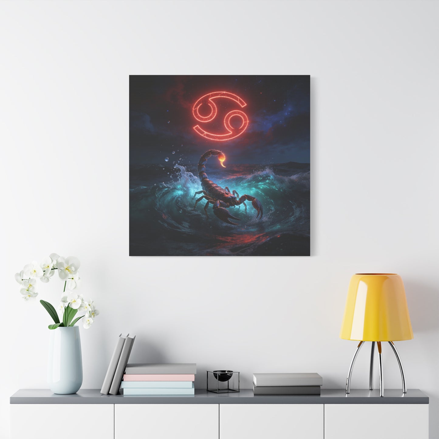 Cancer Zodiac Canvas Wall Art - Neon Crab Ocean Astrology Print, Celestial Night Seascape, Matte Canvas Decor, Bedroom Home Decoration, Living Room Wall Decor, Modern Space Style - Ready to Hang