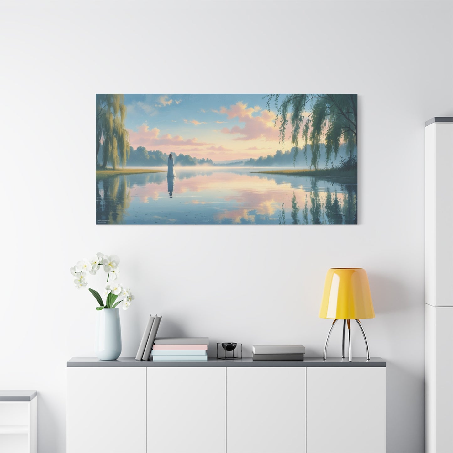 Woman In White By Misty Lake Canvas Wall Art - Pastel Sunrise Waterscape, Willow Trees Reflection - Matte Cotton Print - Contemporary Landscape Decor For Living Room Bedroom Office - Office Wall Art