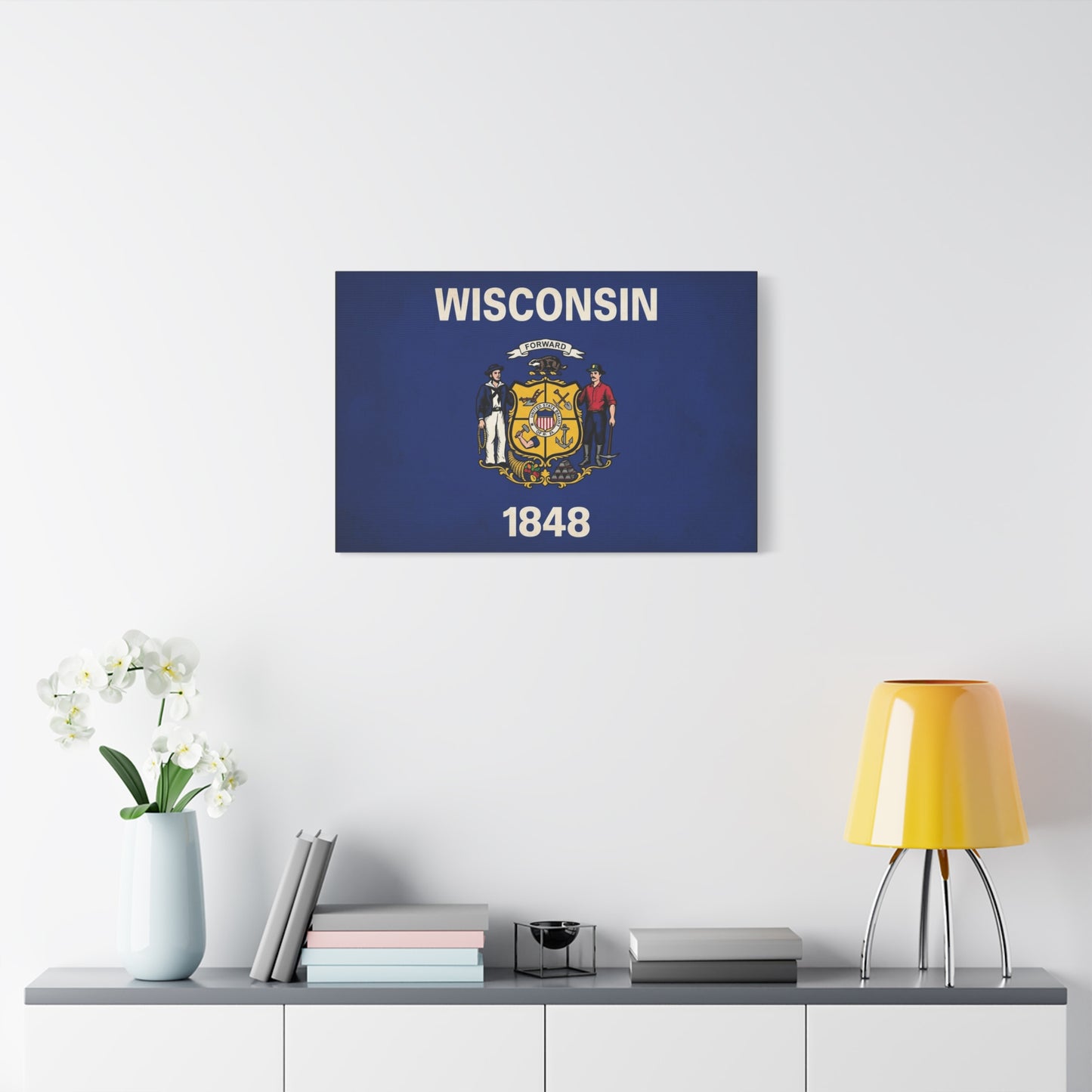 "Wisconsin" 1848 State Flag Canvas Wall Art - Wisconsin Pride Decor, Vintage Typography Banner Print - Patriotic Blue Wall Decor - Living Room Home Decoration - Ready to Hang - Bedroom Home Decoration