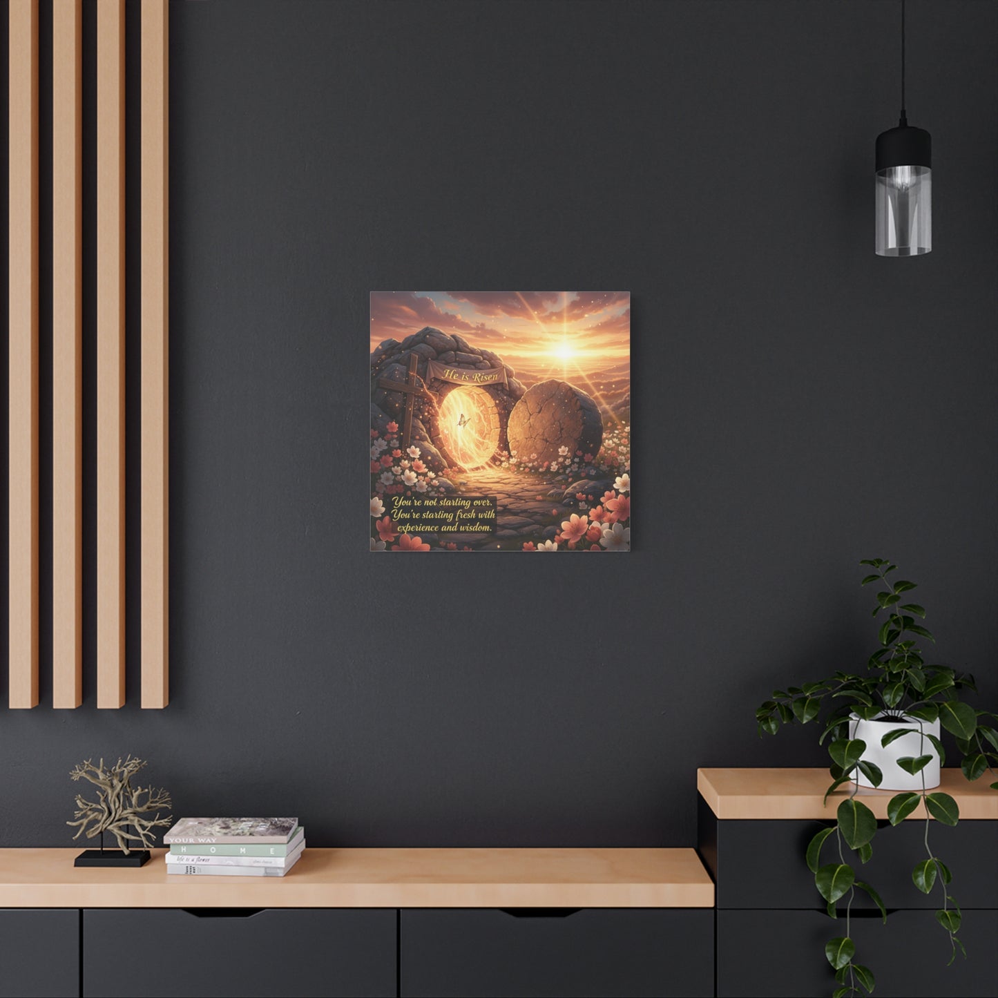 "He Is Risen" Christian Canvas Wall Art - Empty Tomb Cross Sunrise Scripture Print - Floral Faith Home Decoration - Modern Farmhouse Style