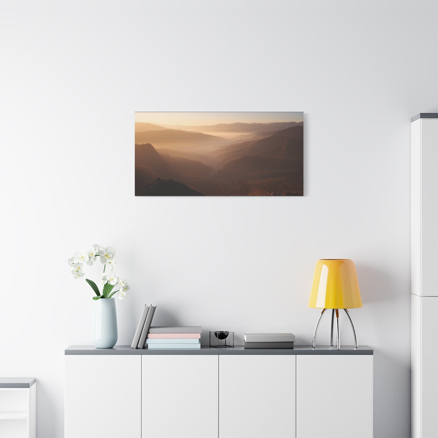 Golden Mist Mountain Valley Canvas Wall Art - Serene Landscape Art Print, Warm Dawn Light - Minimalist Nature Decor - Living Room Wall Decor, Bedroom Home Decoration - Bedroom Home Decoration