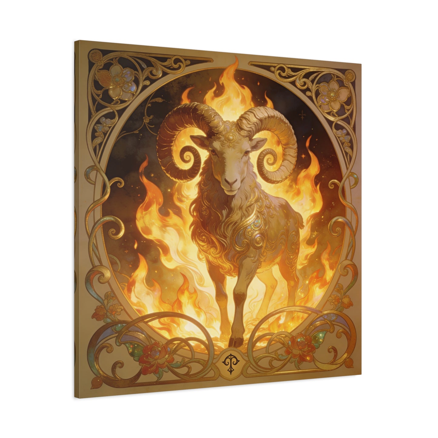 Aries Ram Canvas Wall Art - Fiery Zodiac Illustration, Ornate Gold Nouveau Design - Matte Cotton Art Print - Bohemian Astrology Decor, Bedroom Home Decoration, Office Wall Art - Modern Farmhouse Style
