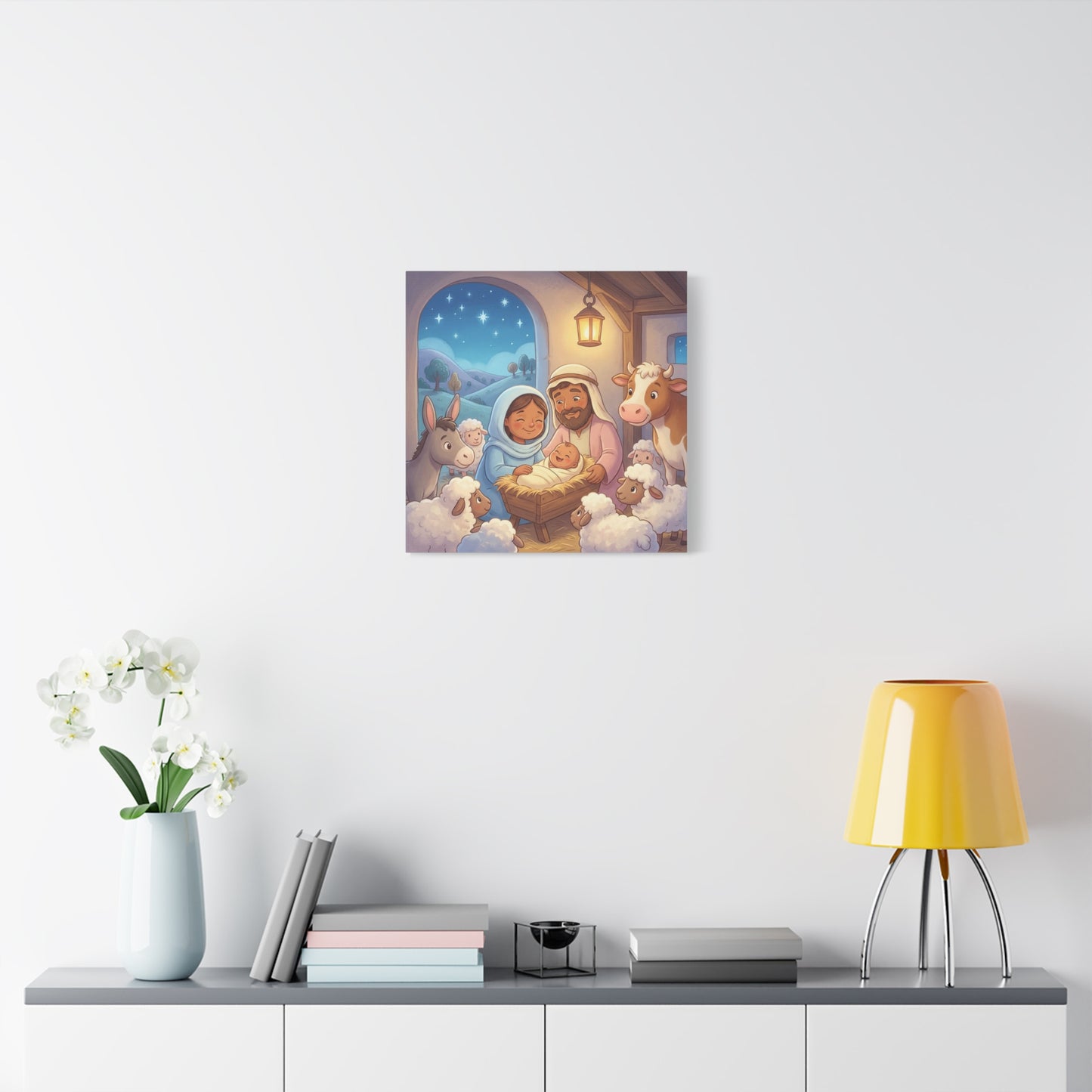 Holy Family Nativity Canvas Wall Art - Baby Jesus, Mary And Joseph Nursery Decor - Starry Stable Christian Home Decoration - Matte Canvas Print For Bedroom, Living Room - Ready to Hang - Ready to Hang
