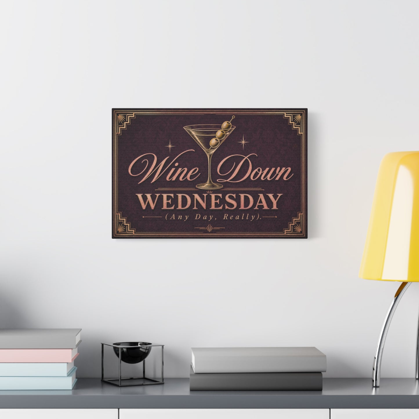 "Wine Down Wednesday (Any Day, Really)." Martini Canvas Wall Art - Vintage Cocktail Typography Decor - Art Deco Style, Matte Canvas Print - Bar Cart Wall Decor - Ready to Hang - Ready to Hang