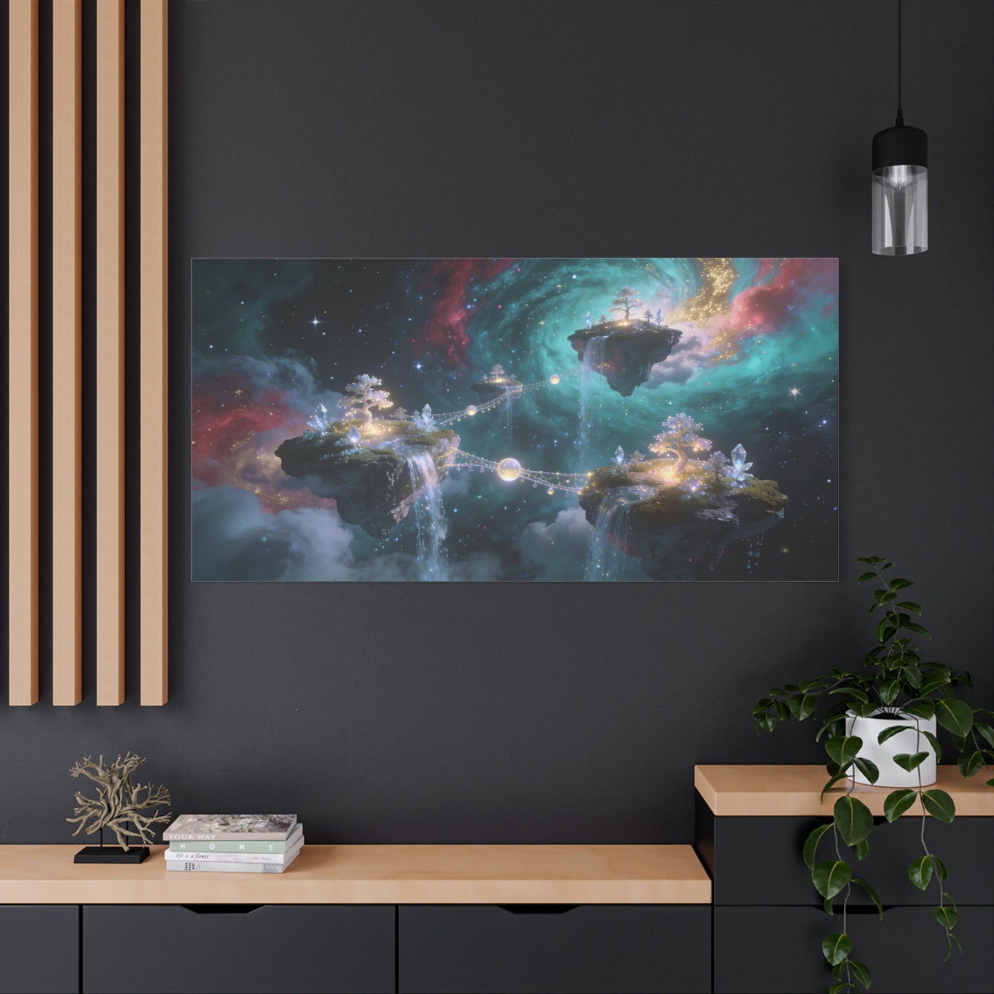 Floating Islands Canvas Wall Art - Fantasy Galaxy Sky, Waterfalls, Crystal Trees - Dreamlike Cosmic Landscape Canvas Print - Contemporary Wall Decor For Living Room Bedroom Office - Ready to Hang