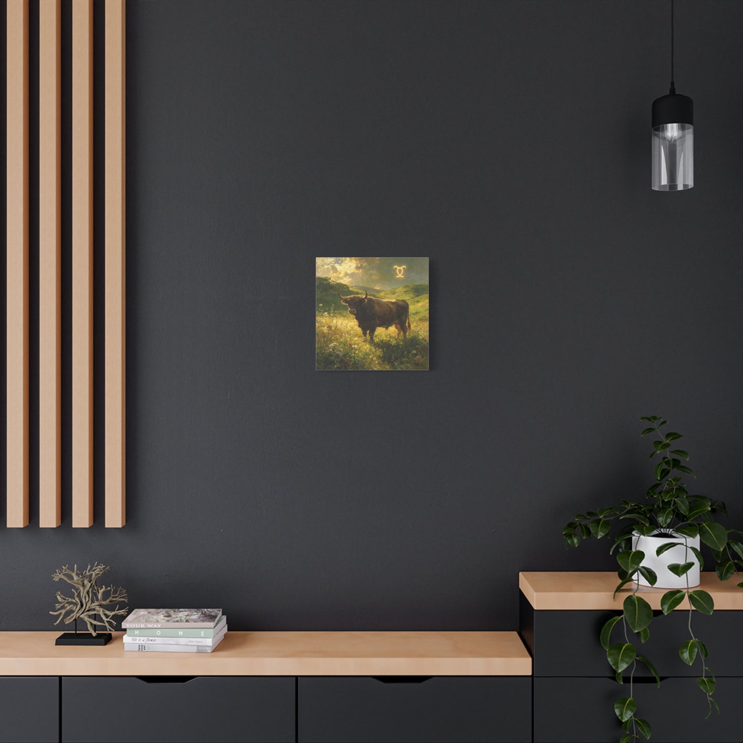 Taurus Bull Canvas Wall Art - Golden Meadow Landscape Painting, Zodiac Symbol, Rustic Contemporary Cotton Canvas Print, Living Room Wall Decor, Bedroom Home Decoration, Office Art Accent