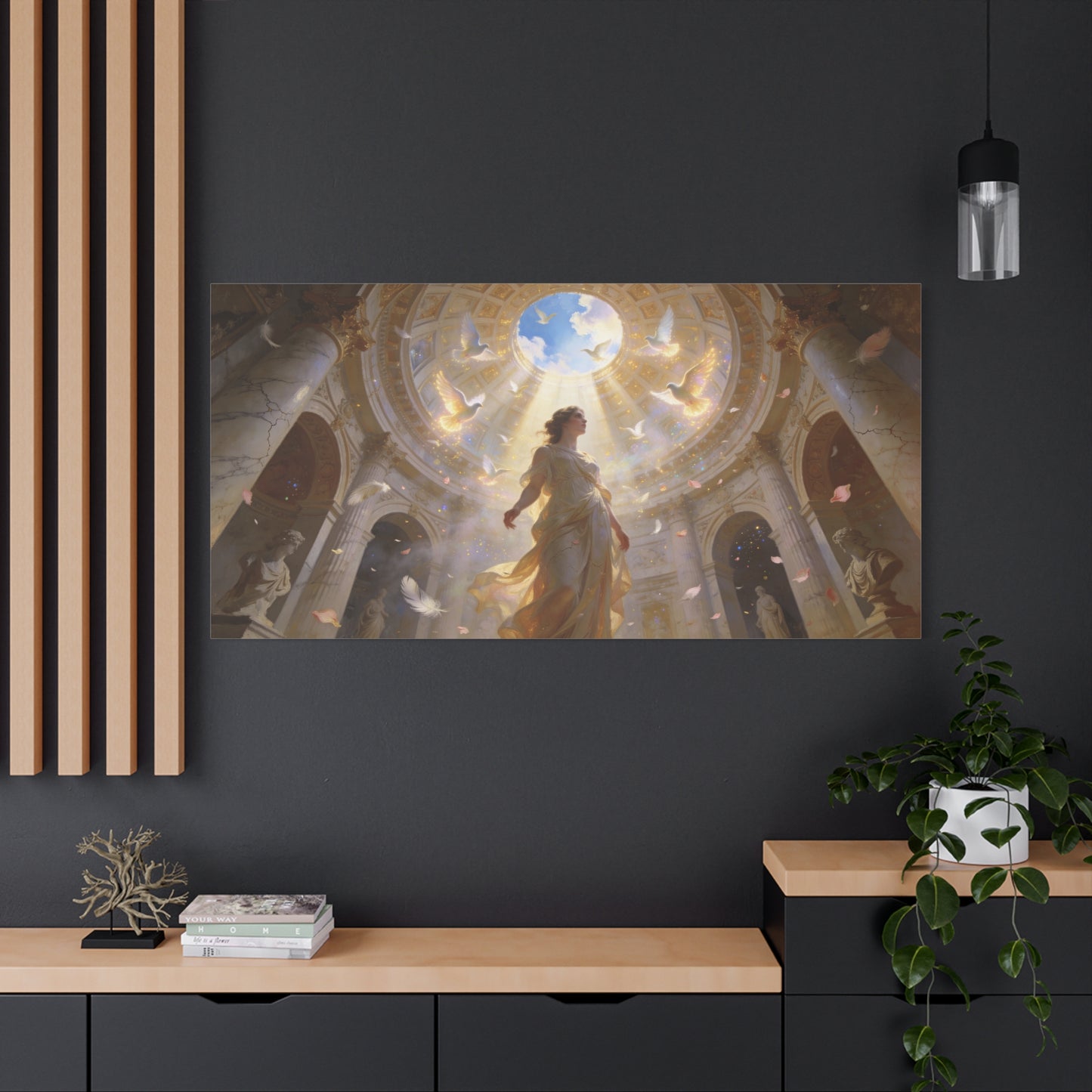 Virgin Mary Canvas Wall Art - Heavenly Doves, Cathedral Dome Light - Matte Cotton Art Print - Traditional Religious Style - Bedroom Wall Decor, Meditation Space Accent - Bedroom Home Decoration