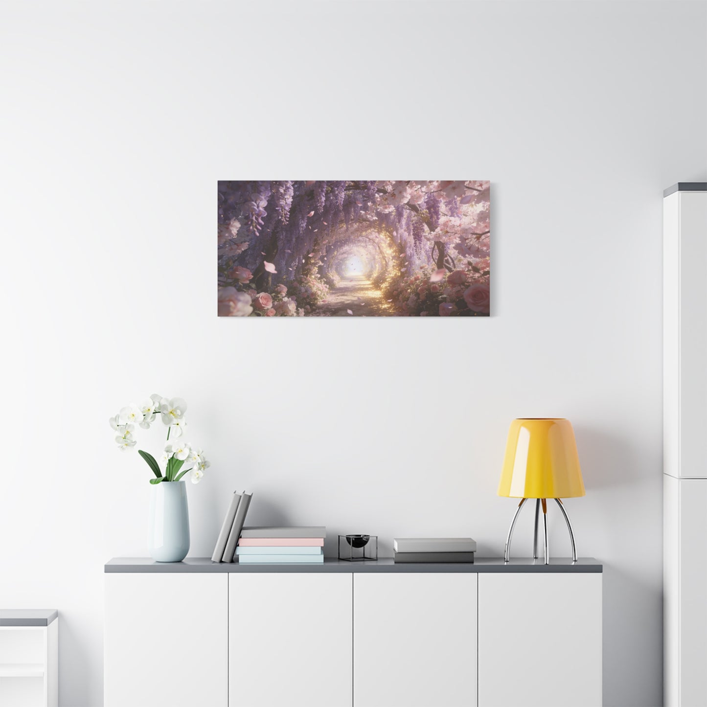 Wisteria Blossom Tunnel Canvas Wall Art - Cherry Blossom Garden Path, Ethereal Floral Wall Decor - Dreamy Matte Canvas Print - Romantic Bedroom Home Decoration, Living Room Accent - Ready to Hang