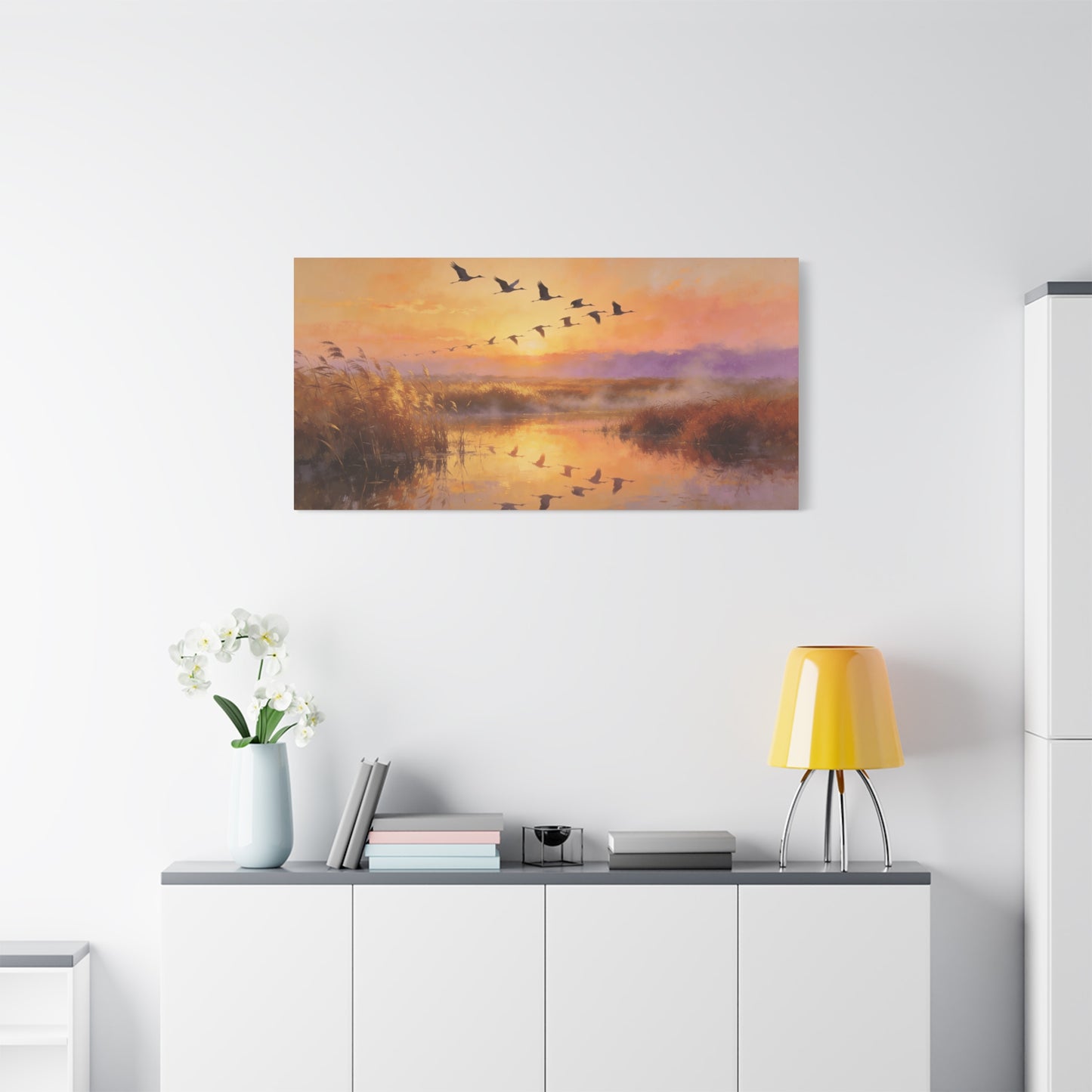 Flying Cranes Sunset Canvas Wall Art - Marsh Landscape Bird Painting, Golden Reeds Reflection, Matte Canvas Print - Traditional Style - Living Room Wall Decor Bedroom Decoration - Ready to Hang