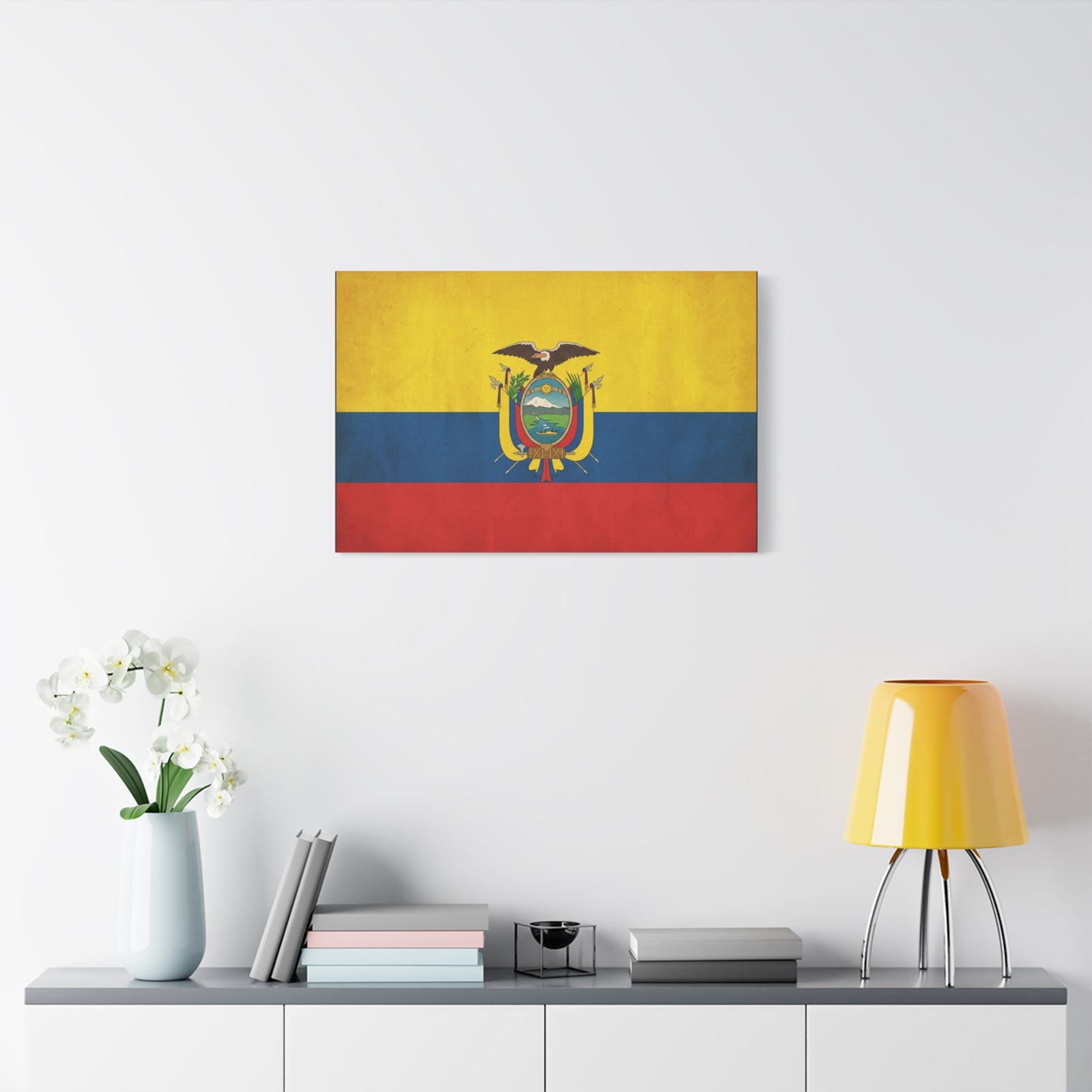 Ecuador Flag Canvas Wall Art - Vintage National Banner Print, Yellow Blue Red Tricolor With Coat Of Arms - Traditional Patriotic Decor - Living Room Home Decoration, Office Accent - Office Wall Art
