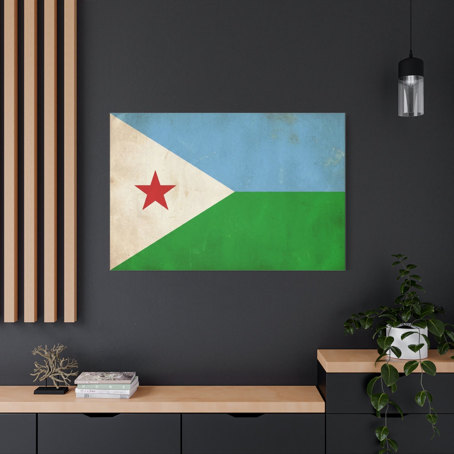 Djibouti Flag Canvas Wall Art - Vintage National Banner Print, Patriotic Home Decor - Distressed Blue Green White Red Star Design - Living Room Decoration - Living Room Wall Decor - Ready to Hang