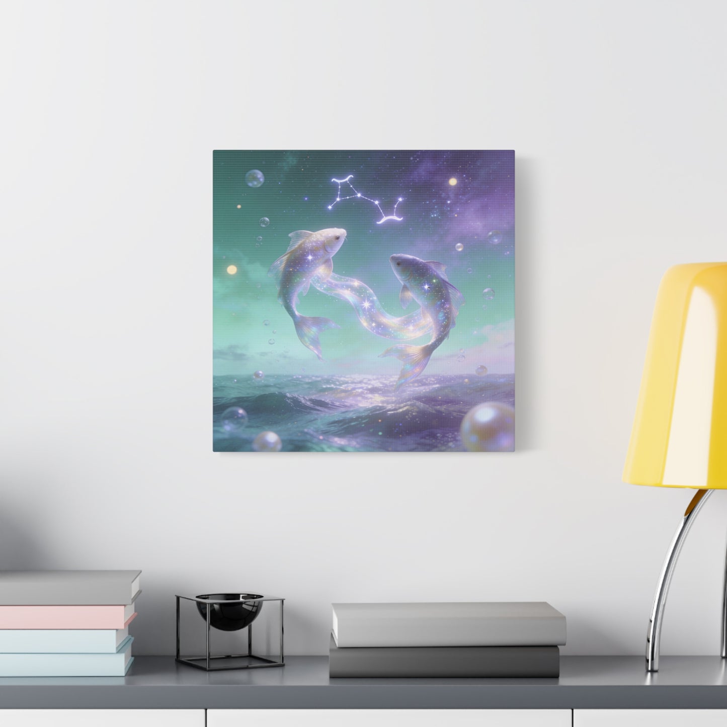Pisces Fish Canvas Wall Art - Celestial Ocean Zodiac Illustration, Dreamy Aurora Nightscape, Matte Cotton Print, Mystical Bedroom Accent, Meditation Space Piece, Office Interior Style - Ready to Hang