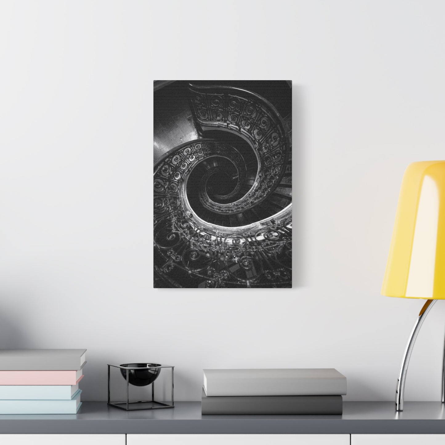 Black And White Spiral Staircase Canvas Wall Art - Architectural Art Print, Moody Monochrome Interior, Modern Minimalist Style - Office Wall Decor, Living Room Accent - Bedroom Home Decoration