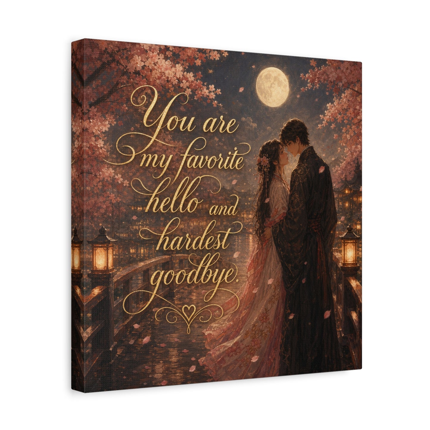 "You Are My Favorite Hello And Hardest Goodbye" Romantic Canvas Wall Art - Moonlit Cherry Blossom Couple, Gold Script Quote Print - Traditional Love Decor, Bedroom Wall Hanging - Cozy Reading Nook Art