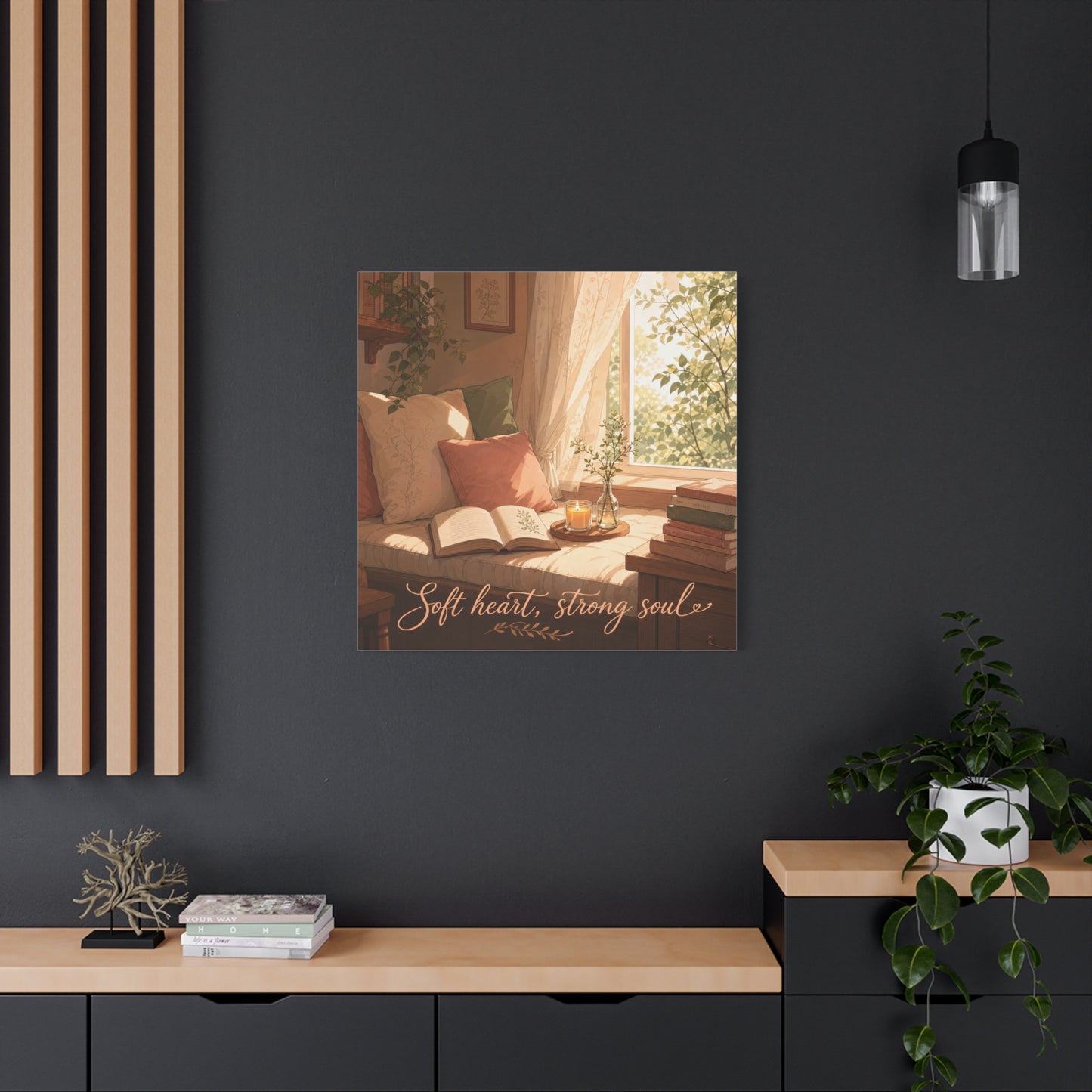 "Soft Heart, Strong Soul" Reading Nook Canvas Wall Art - Sunlit Window Seat, Books, Candle, Botanical Bedroom Decor - Cozy Cottagecore Style - Living Room Wall Decor - Bedroom Home Decoration