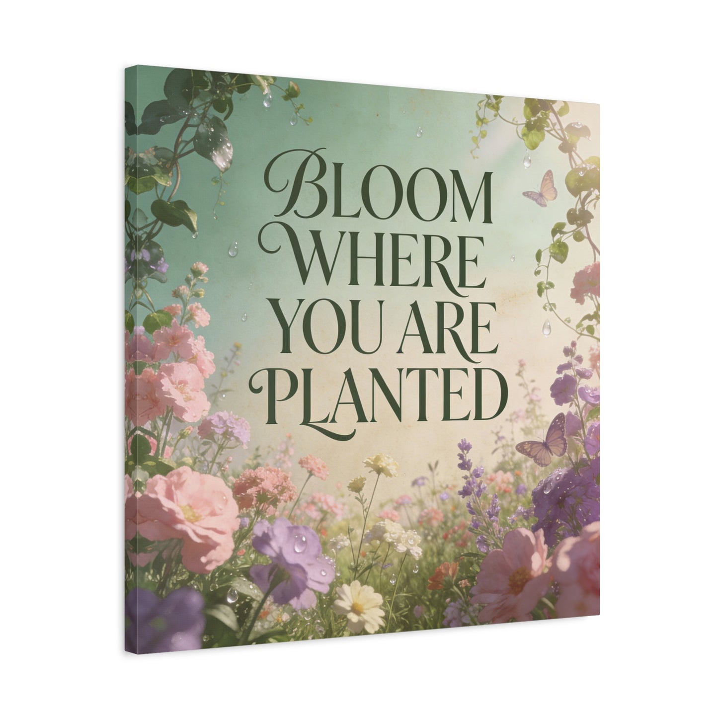 "Bloom Where You Are Planted" Inspirational Canvas Wall Art - Floral Butterfly Quote Print, Pastel Garden Typography Decor, Modern Farmhouse Style, Bedroom Home Decoration - Living Room Wall Decor