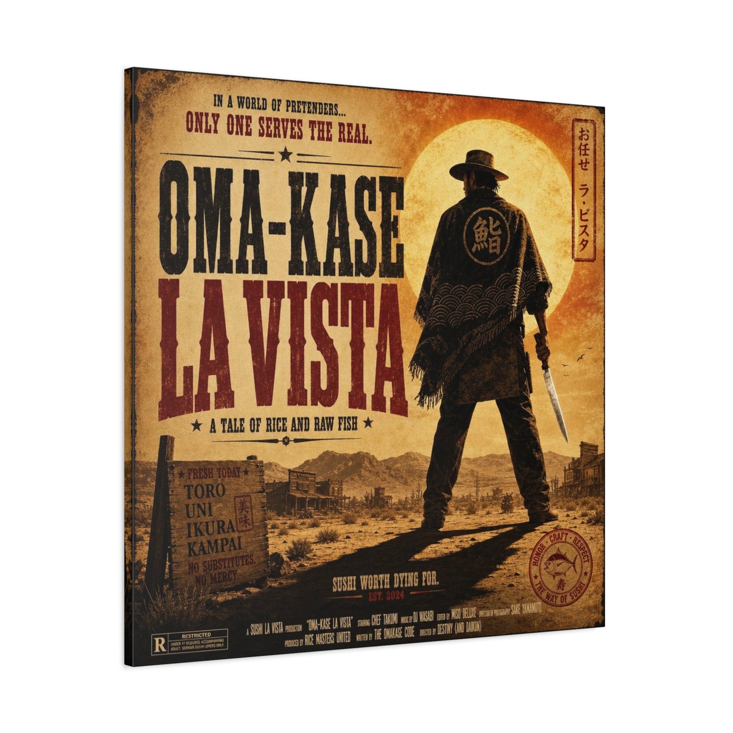 "In A World Of Pretenders... Only One Serves The Real. OMA-KASE LA VISTA" Canvas Wall Art - Vintage Western Sushi Poster, Typography Illustration, Rustic Office Decor, Cafe Accent Print