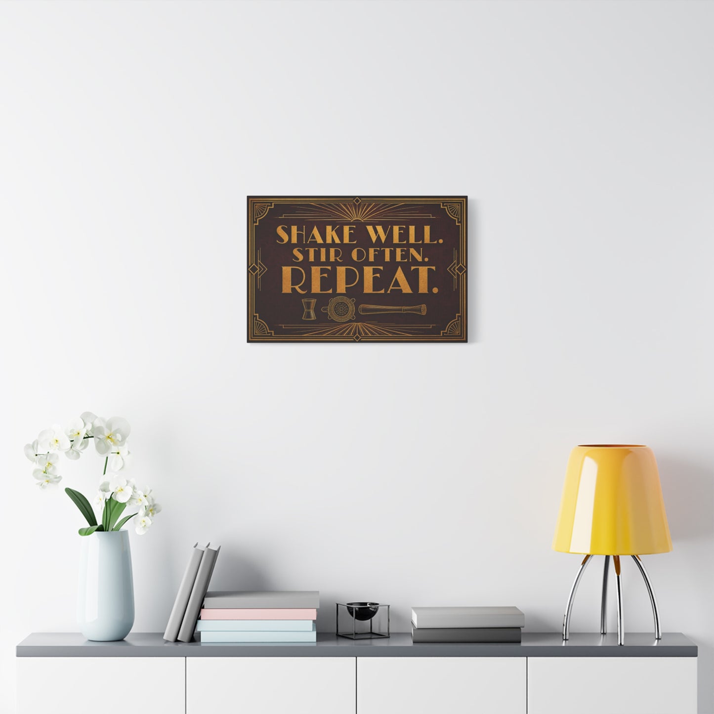 "Shake Well. Stir Often. Repeat." Cocktail Canvas Wall Art - Art Deco Bar Quote Print, Vintage Gold Typography, Speakeasy Lounge Decor, Home Bar Decoration - Ready to Hang - Tavern Wall Decor