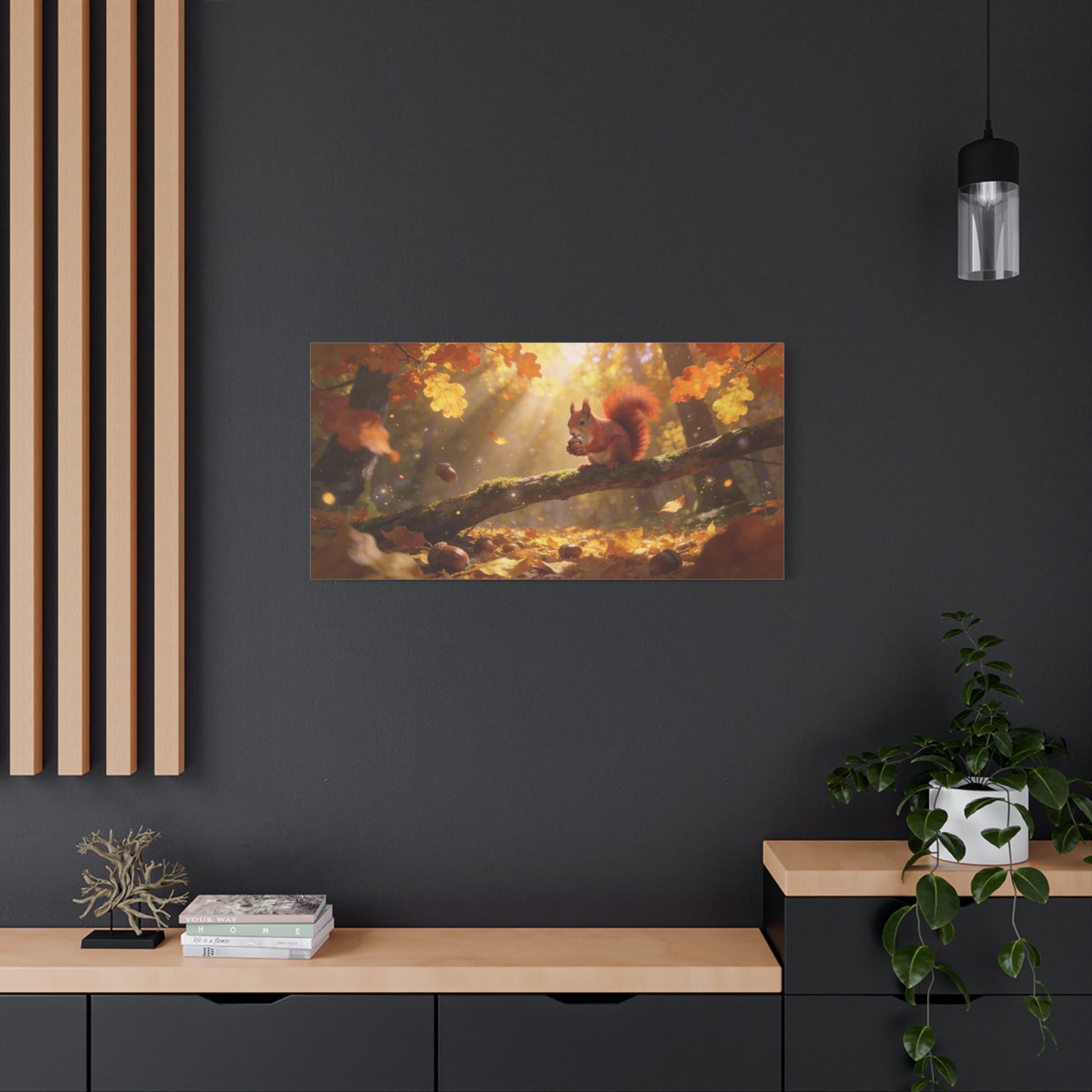 Red Squirrel Canvas Wall Art - Autumn Forest Acorn Scene, Golden Sunlight, Matte Cotton Print - Rustic Woodland Decor, Living Room Accent, Bedroom Decoration, Office Nature Artwork - Office Wall Art