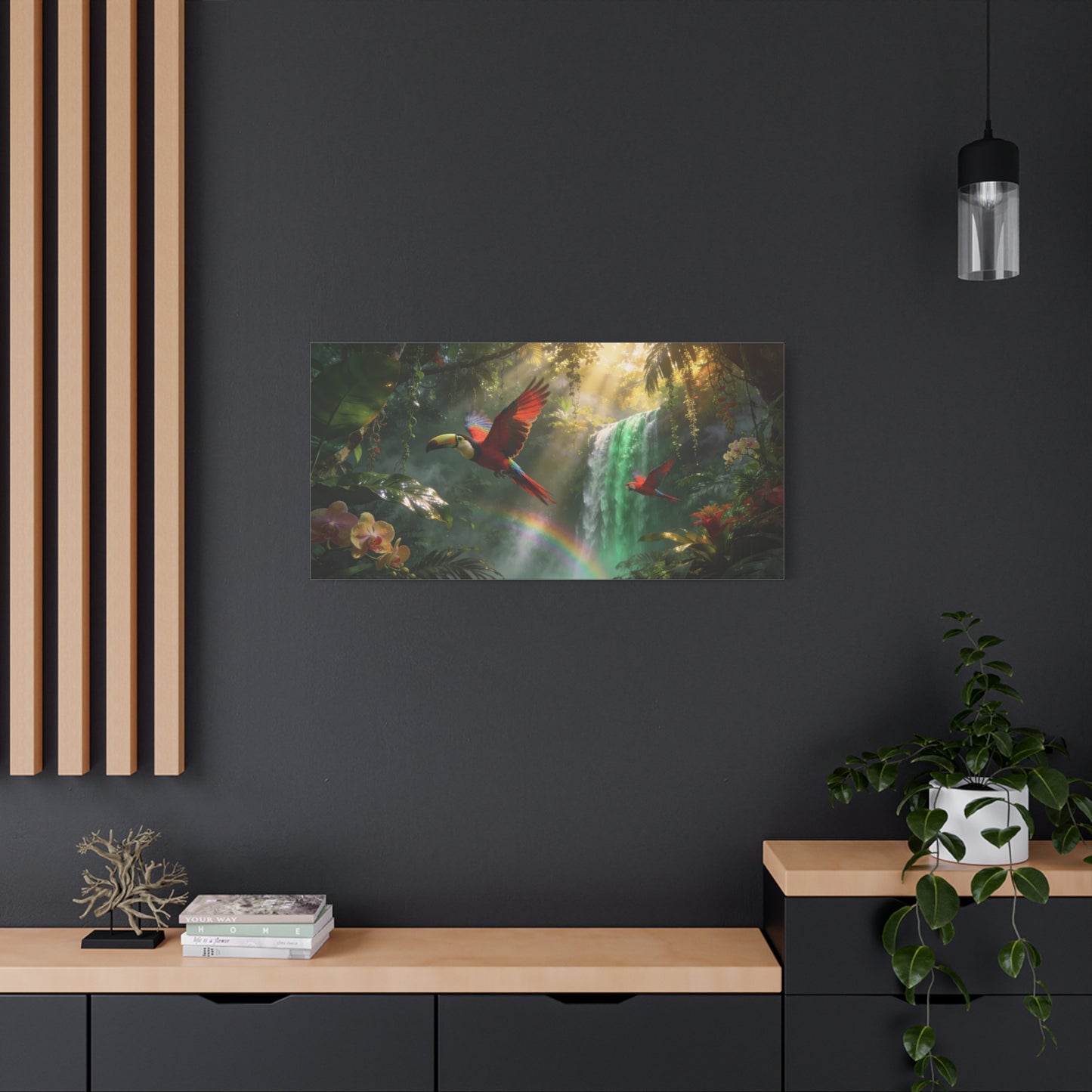 Scarlet Macaw Canvas Wall Art - Tropical Rainforest Waterfall Birds, Lush Jungle Scene, Matte Finish Canvas Print, Contemporary Nature Wall Decor For Living Room Bedroom Office - Cozy Reading Nook Art
