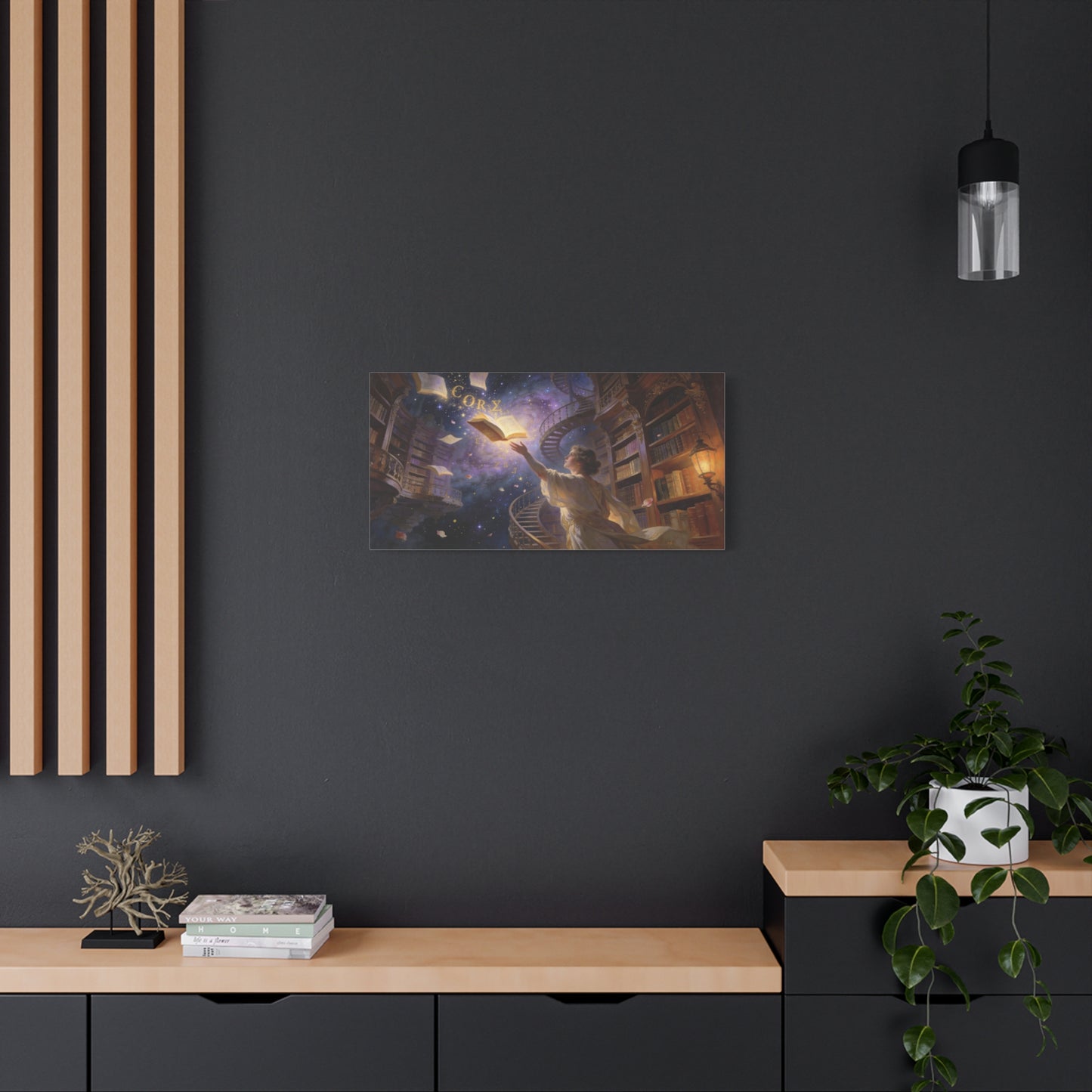 "CORZ" Fantasy Library Canvas Wall Art - Woman Reaching For Floating Book, Celestial Bookshelves, Spiral Staircase - Matte Cotton Print - Surreal Reading Room Decor, Office Art - Workspace Wall Decor
