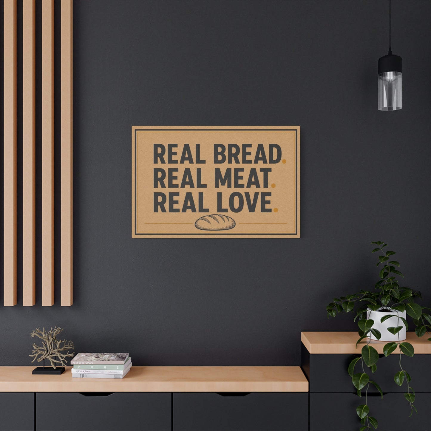 "Real Bread. Real Meat. Real Love." Canvas Wall Art - Rustic Typography Food Sign - Farmhouse Neutral Canvas Print - Bakery Style - Ready to Hang - Deli Wall Decor - Sandwich Shop Sign - Diner Decor